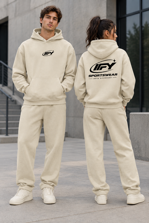 Male and female models wearing the beige IFY hoodie with matching sweatpants