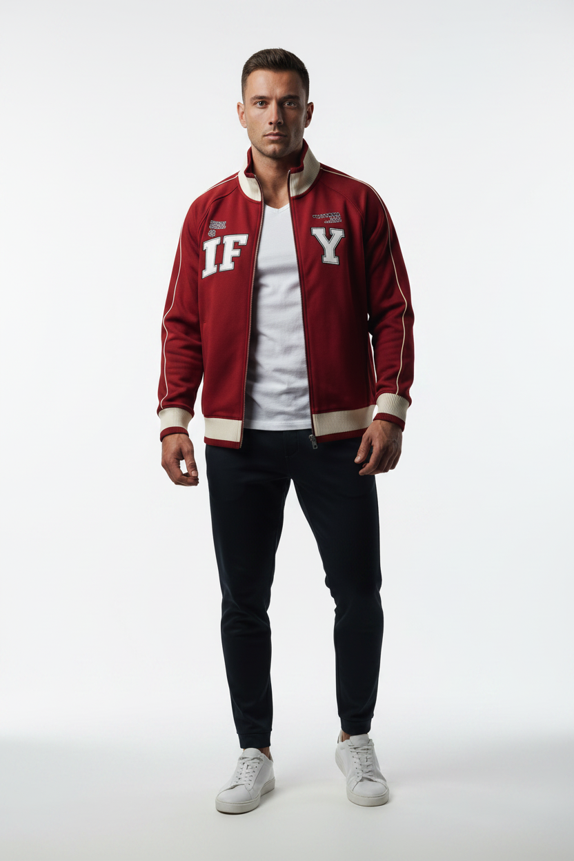A maroon zip-up track jacket with cream ribbed collar, cuffs, and hem, featuring 'IF Y' in white varsity-style lettering on the chest.