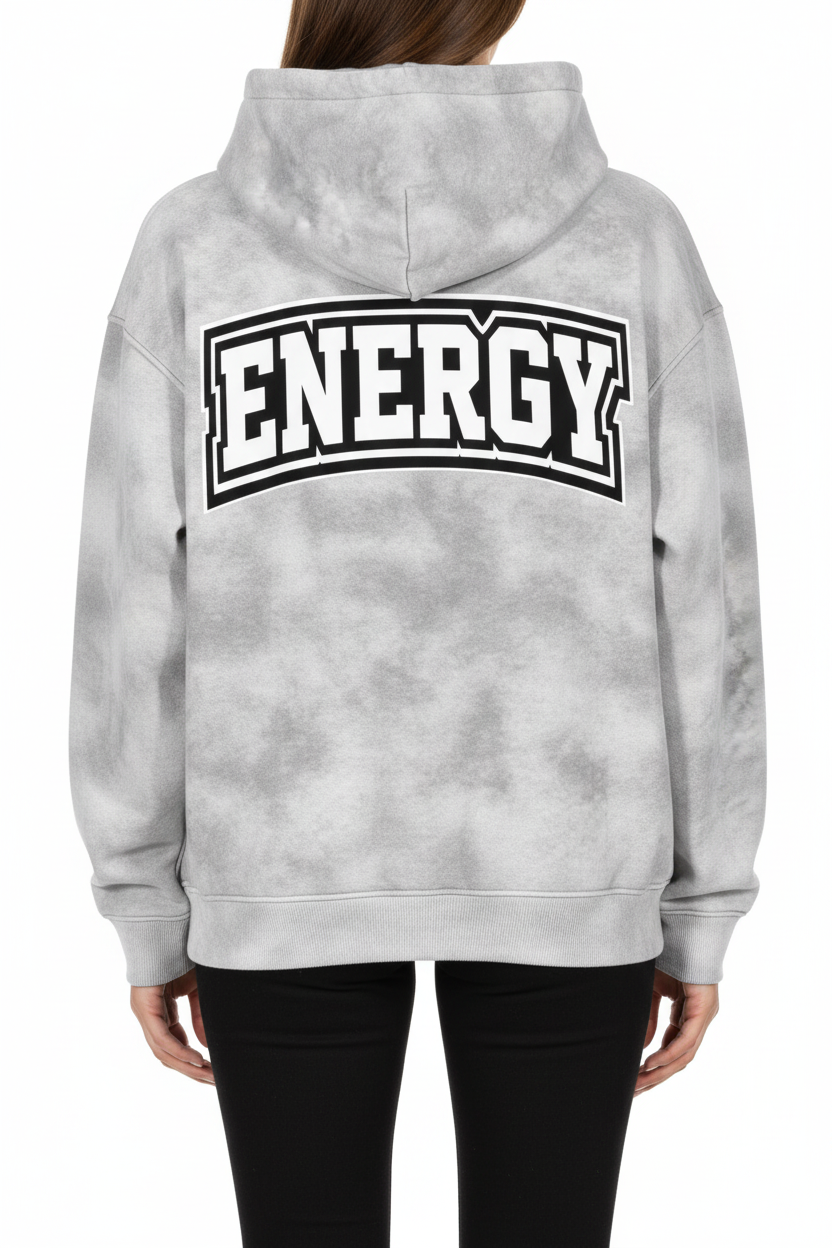 A light gray and white tie-dye cropped hoodie shown from the back, featuring a black and white arched 'ENERGY' graphic on the upper back.