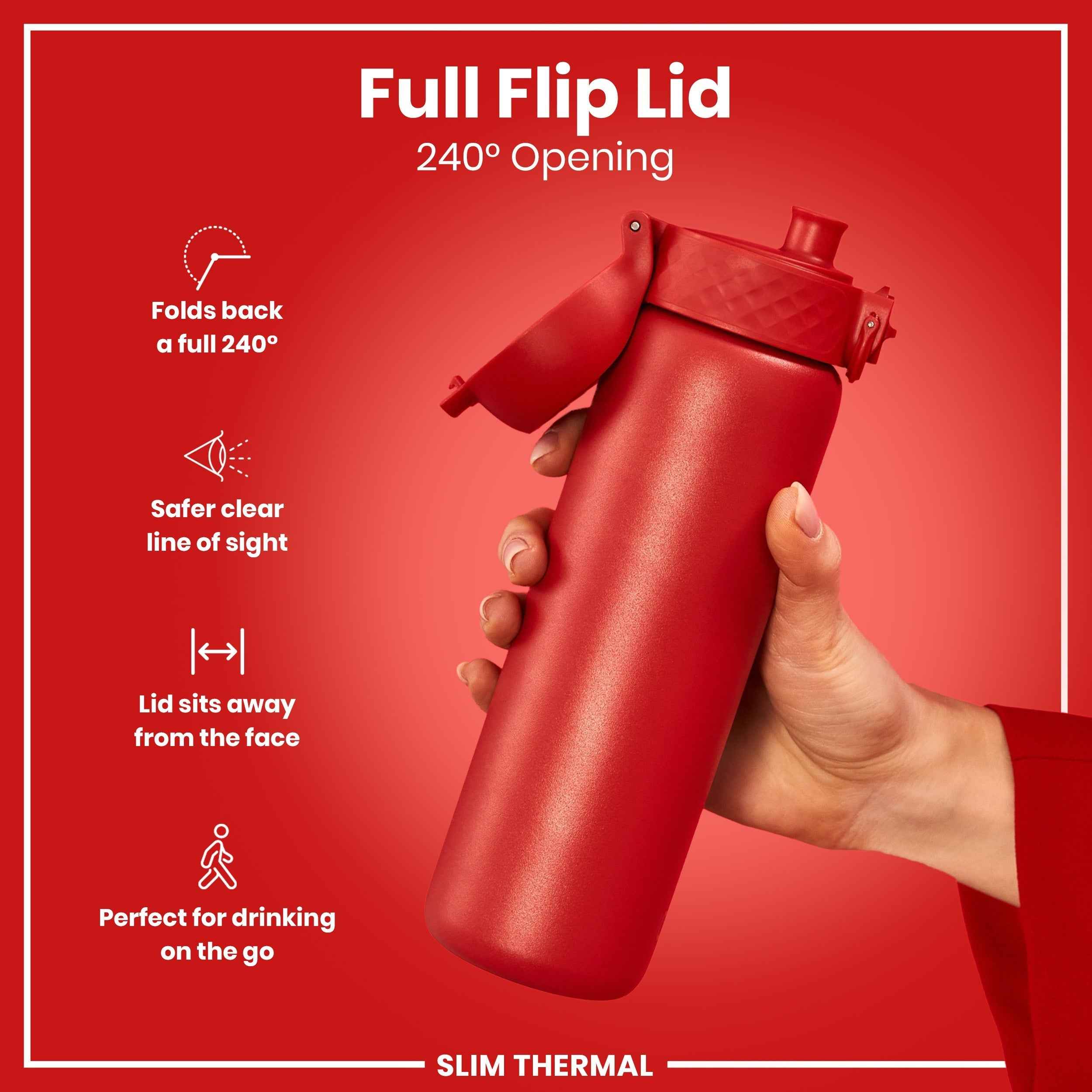 Leak Proof Slim Thermal Steel Water Bottle, Insulated, Red, 500ml (17oz)