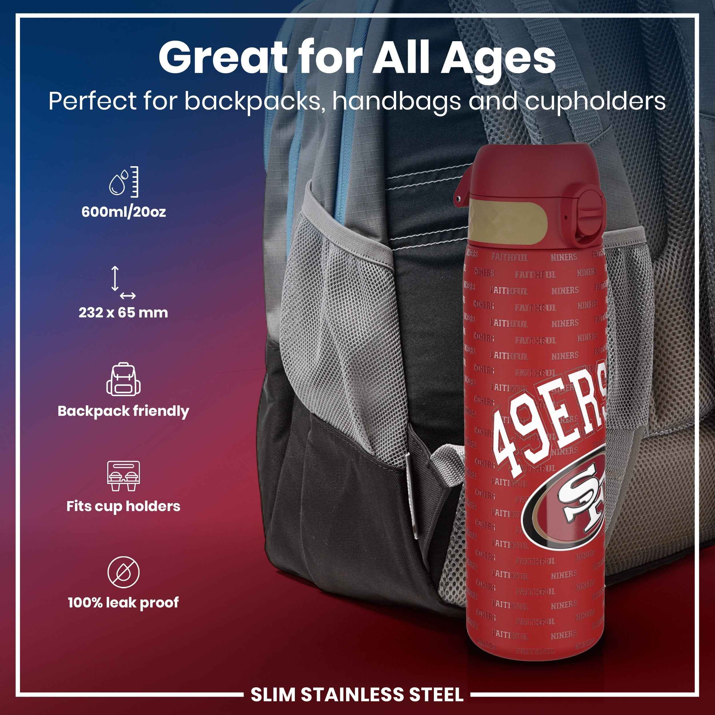 Leak Proof NFL Water Bottle, Stainless Steel, San Francisco 49ers, 600ml (20oz)