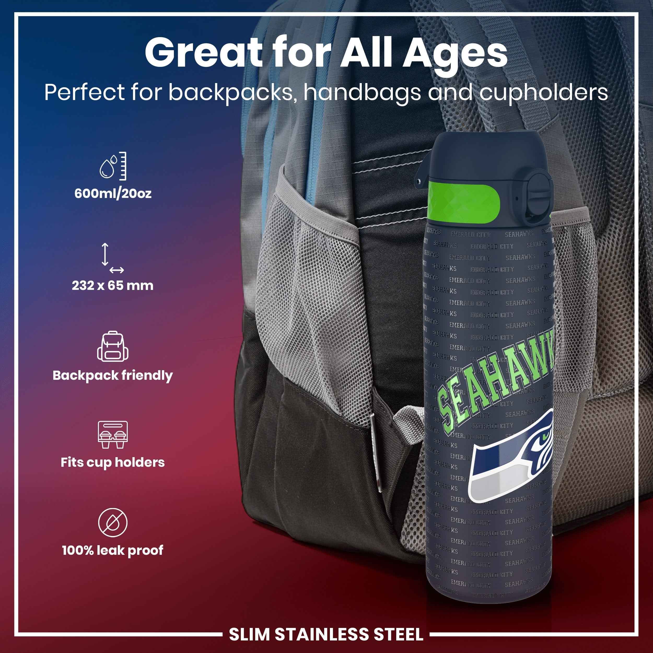 Leak Proof NFL Water Bottle, Stainless Steel, Seattle Seahawks, 600ml (20oz)