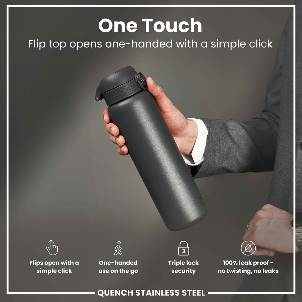 Leak Proof 1 Litre Water Bottle, Stainless Steel, Grey, 1L