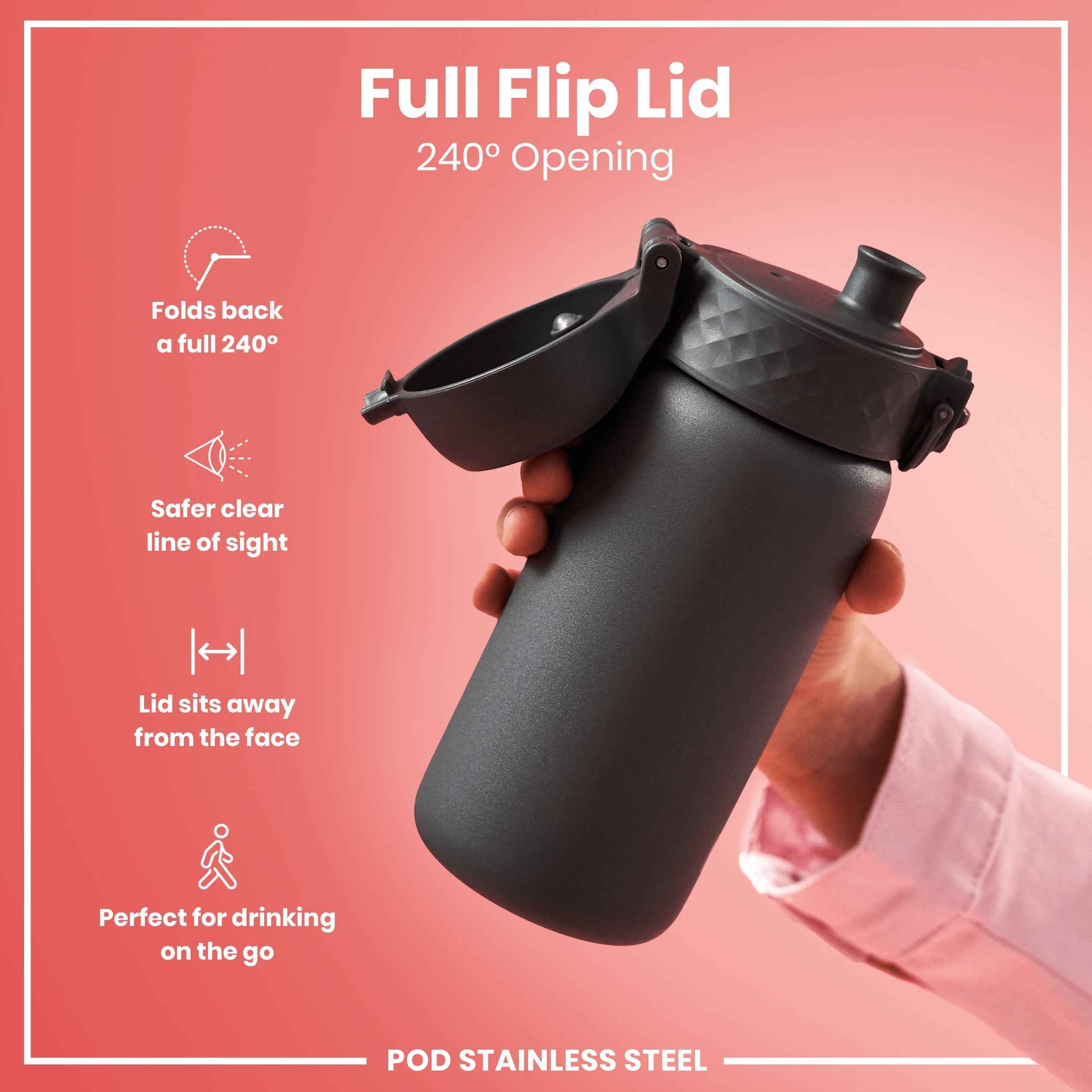 Leak Proof Water Bottle, Stainless Steel, Grey, 400ml (13oz)
