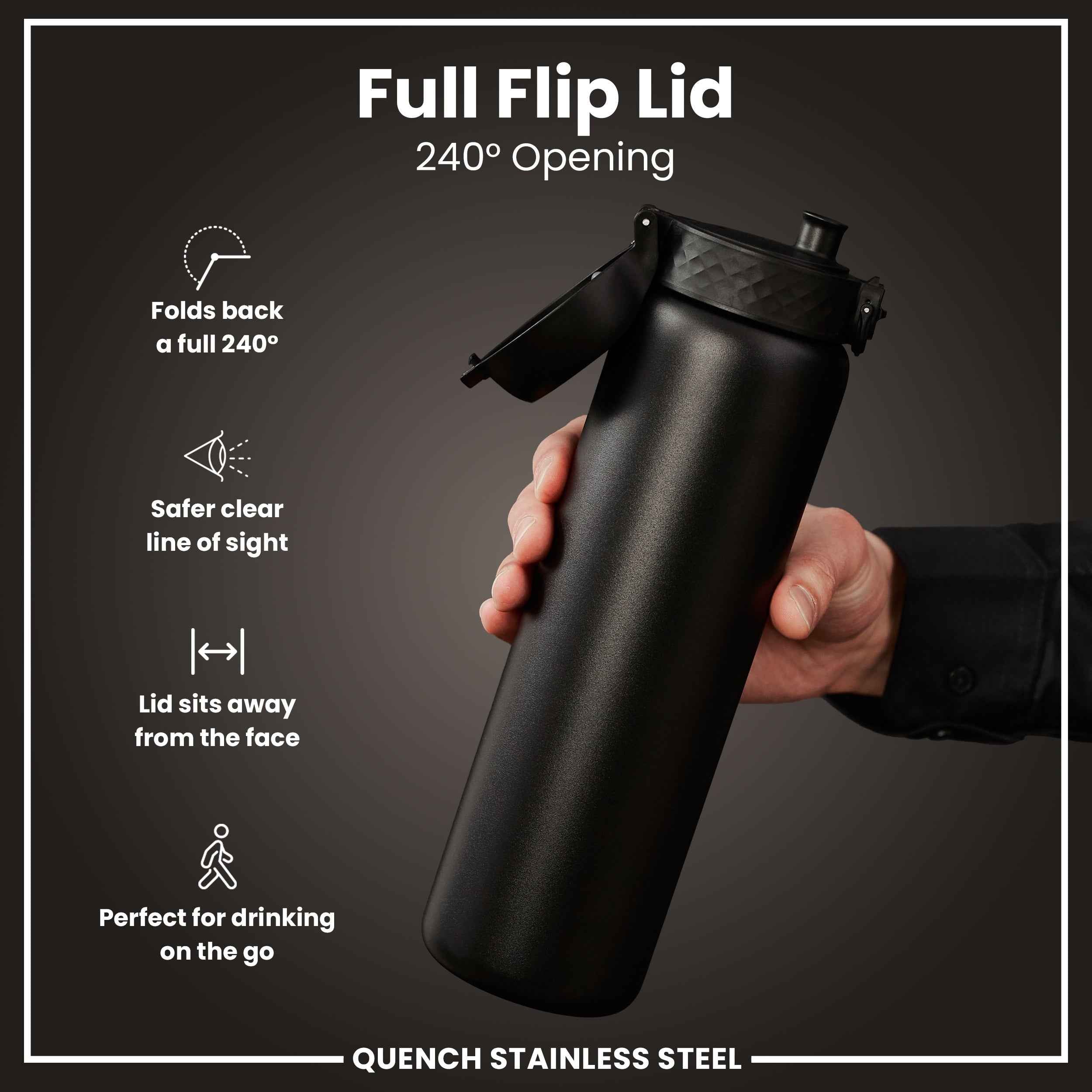 Leak Proof 1 Litre Water Bottle, Stainless Steel, Black, 1L