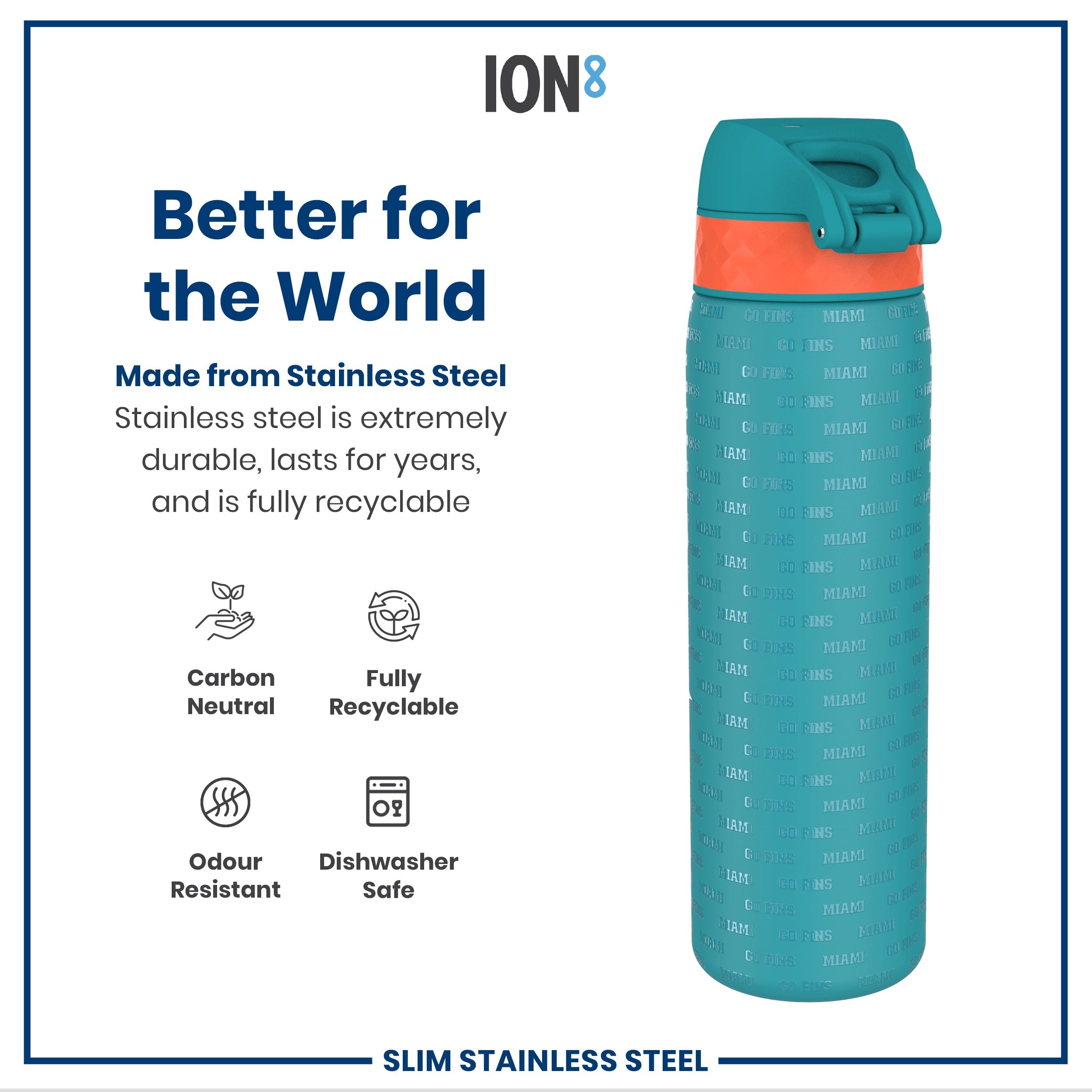 Leak Proof NFL Water Bottle, Stainless Steel, Miami Dolphins, 600ml (20oz)
