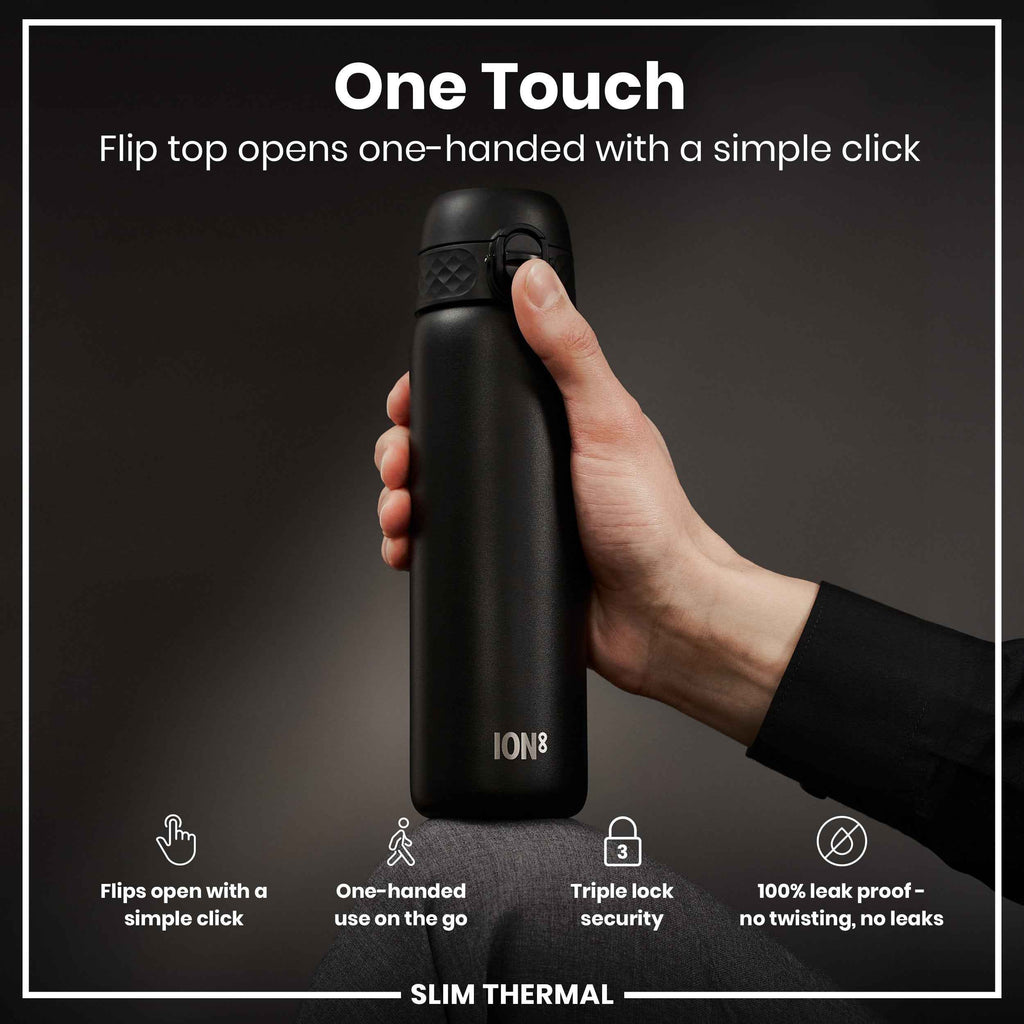 Leak Proof Slim Thermal Steel Water Bottle, Insulated, Black, 500ml (17oz)