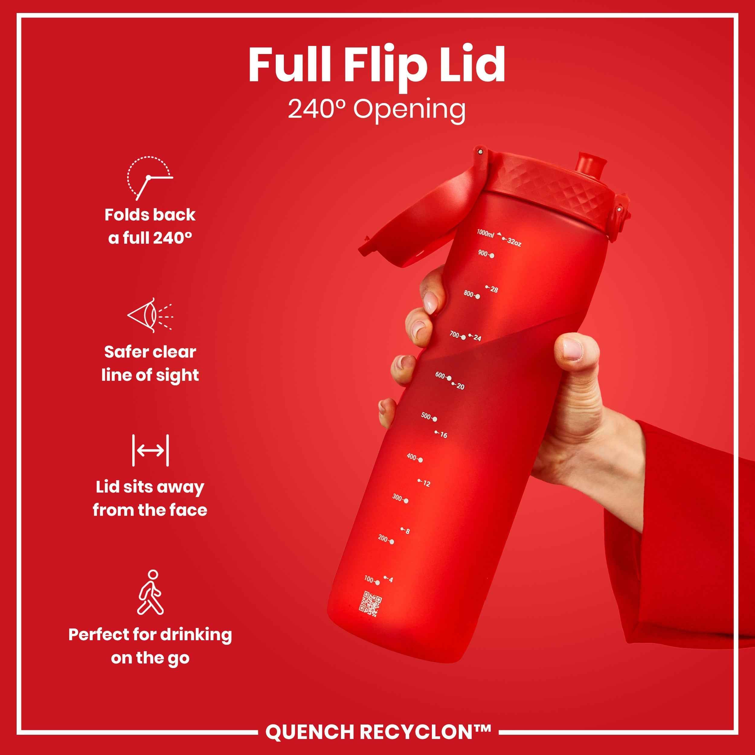 Leak Proof 1 litre Water Bottle, Recyclon, Red, 1L