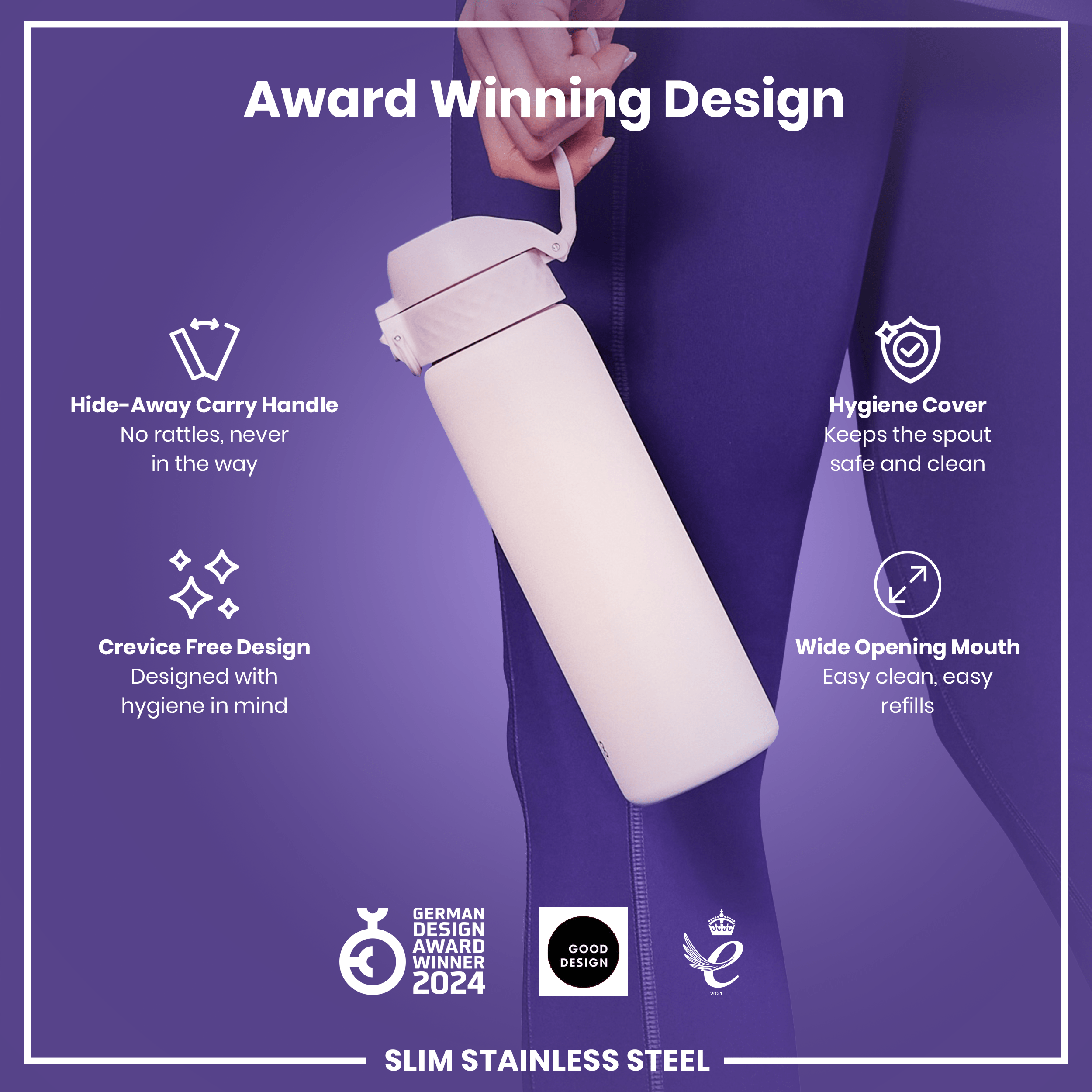 Leak Proof Slim Water Bottle, Stainless Steel, Lilac Dusk, 600ml (20oz)