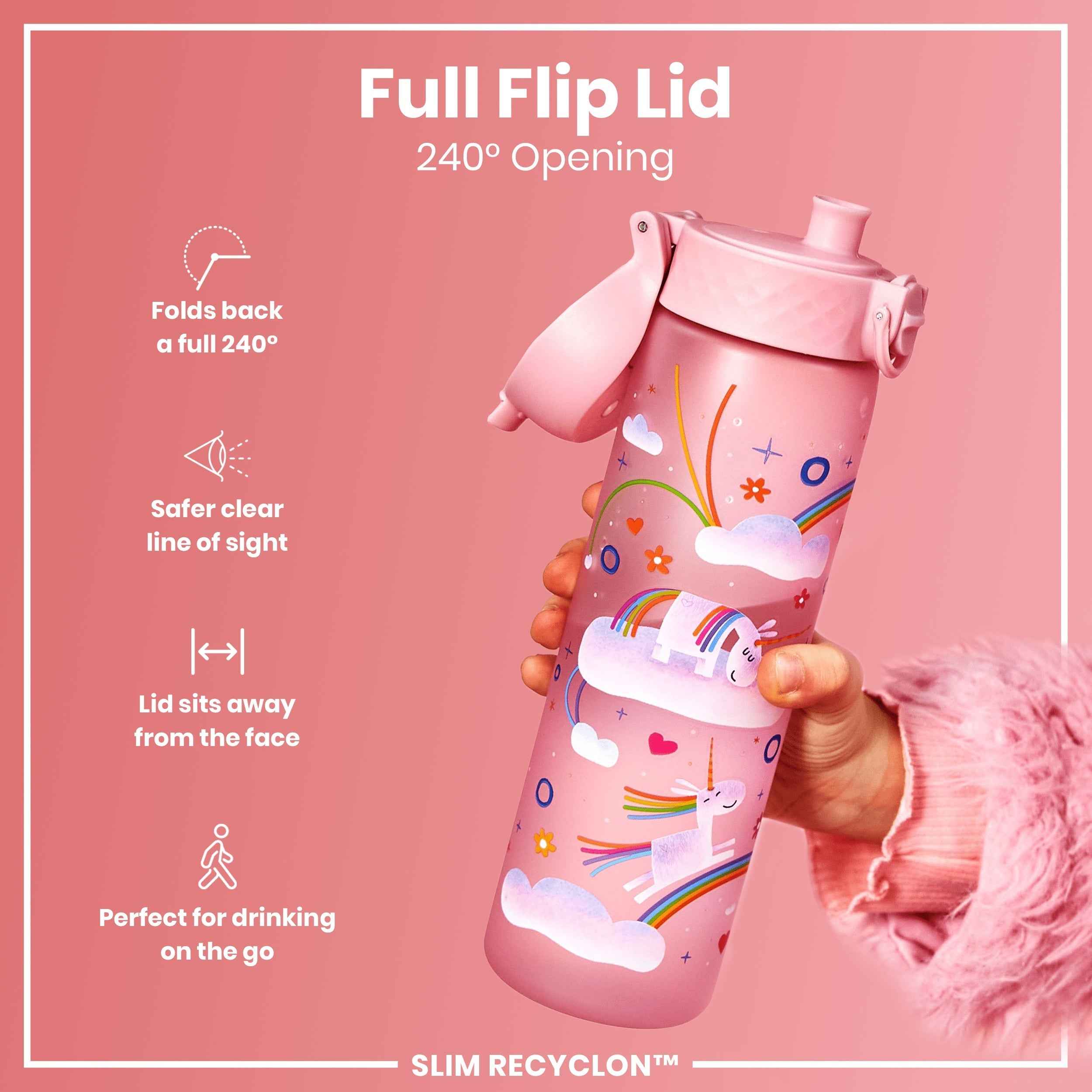 Leak Proof Slim Water Bottle, Recyclon, Unicorn Rainbows, 500ml (18oz)