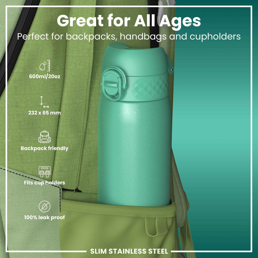 Leak Proof Slim Water Bottle, Stainless Steel, Teal, 600ml (20oz)