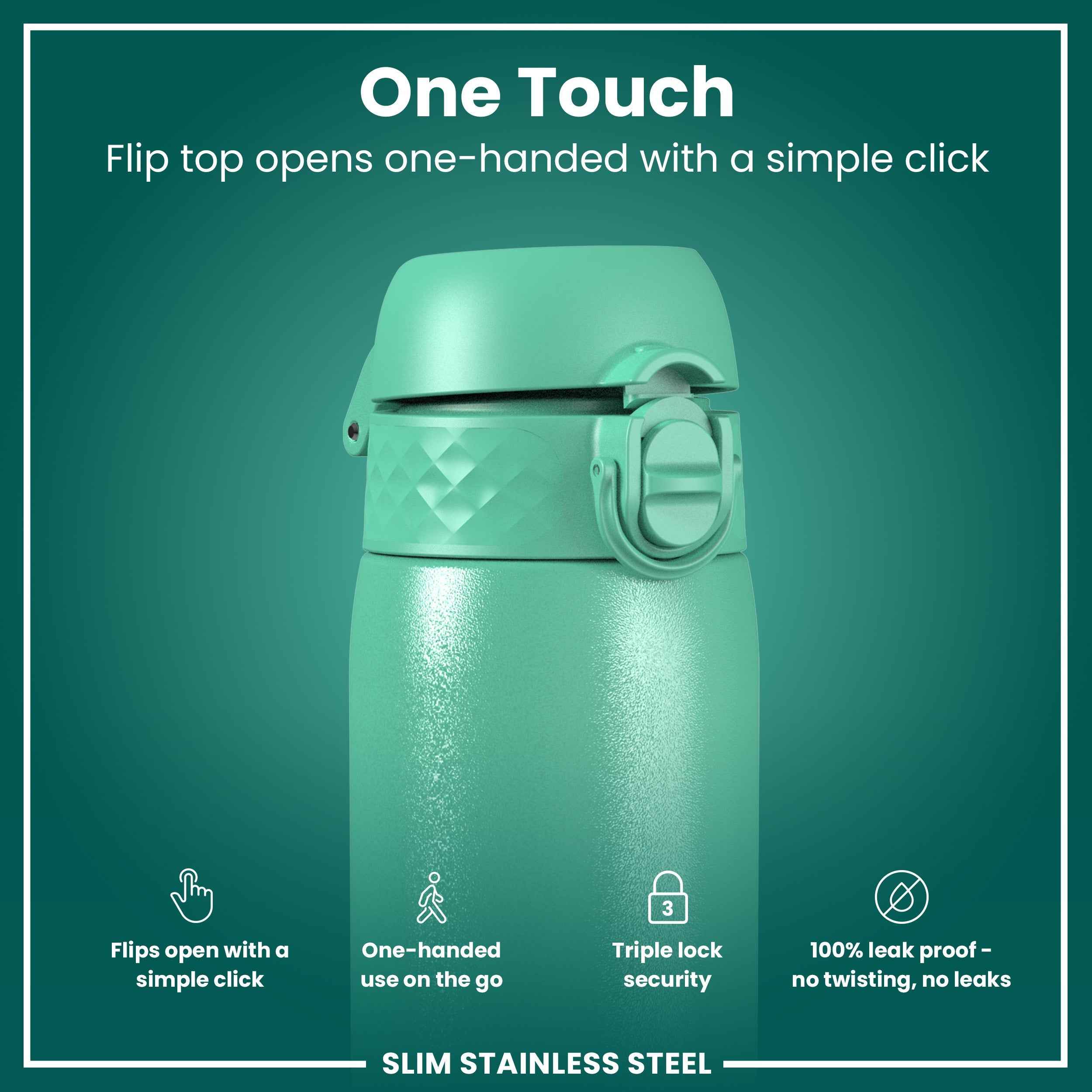 Leak Proof Slim Water Bottle, Stainless Steel, Teal, 600ml (20oz)