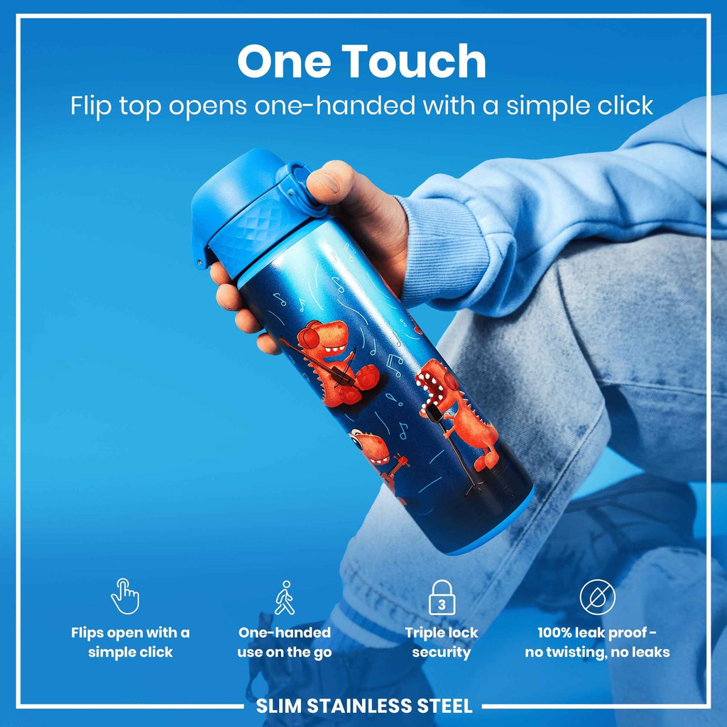 Leak Proof Slim Water Bottle, Stainless Steel, Dino Band, 600ml (20oz)