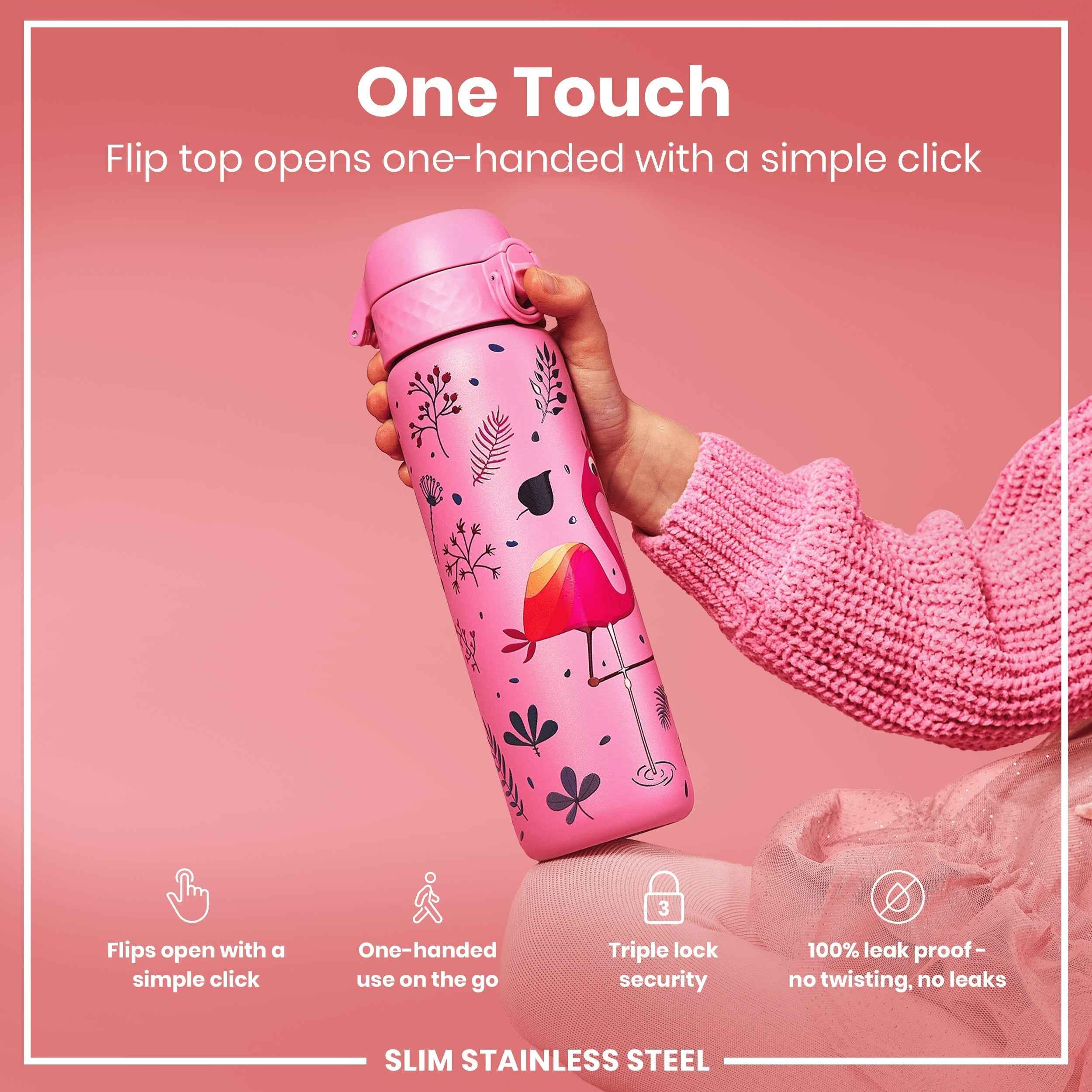 Leak Proof Slim Water Bottle, Stainless Steel, Flamingo, 600ml (20oz)