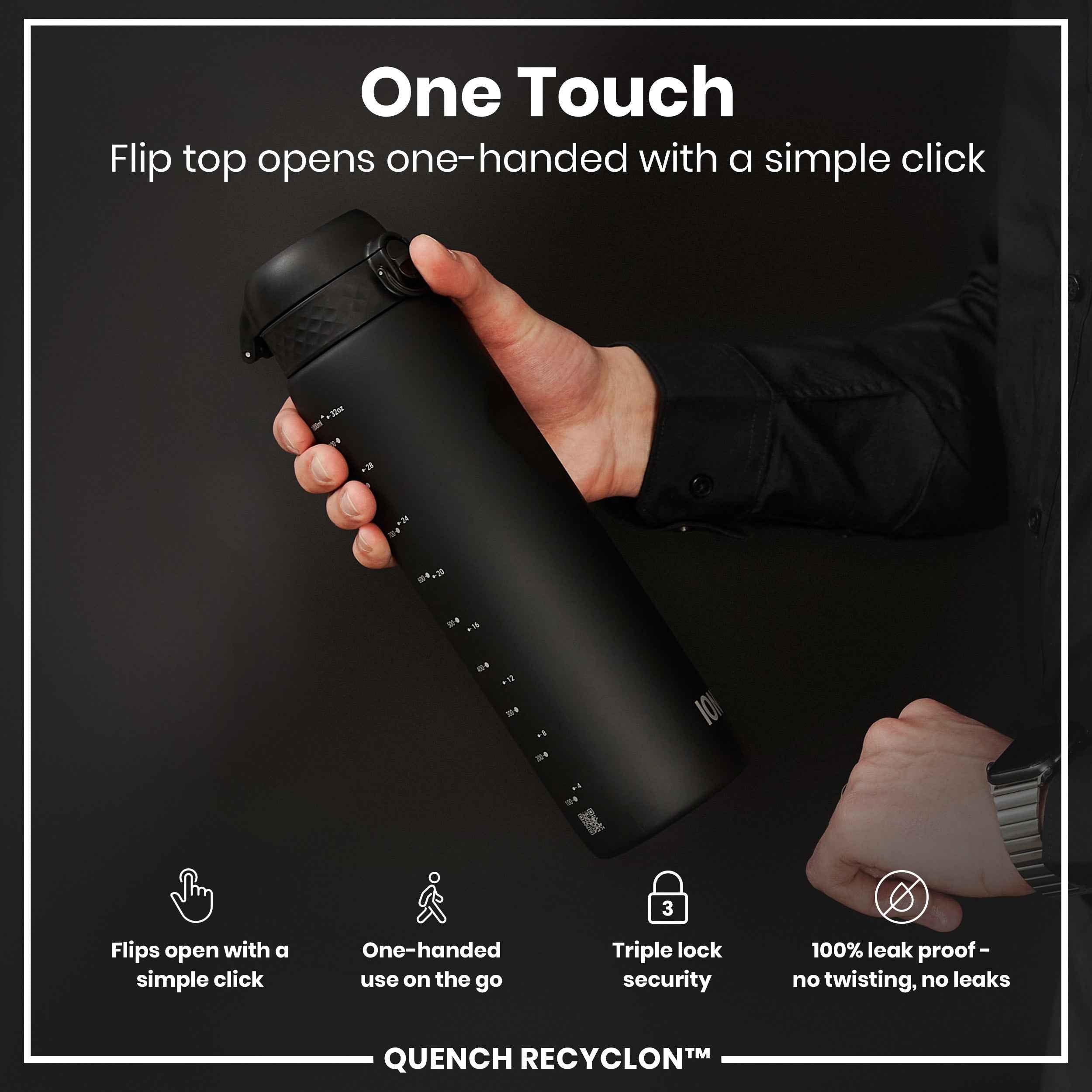 Leak Proof 1 litre Water Bottle, Recyclon, Black, 1L