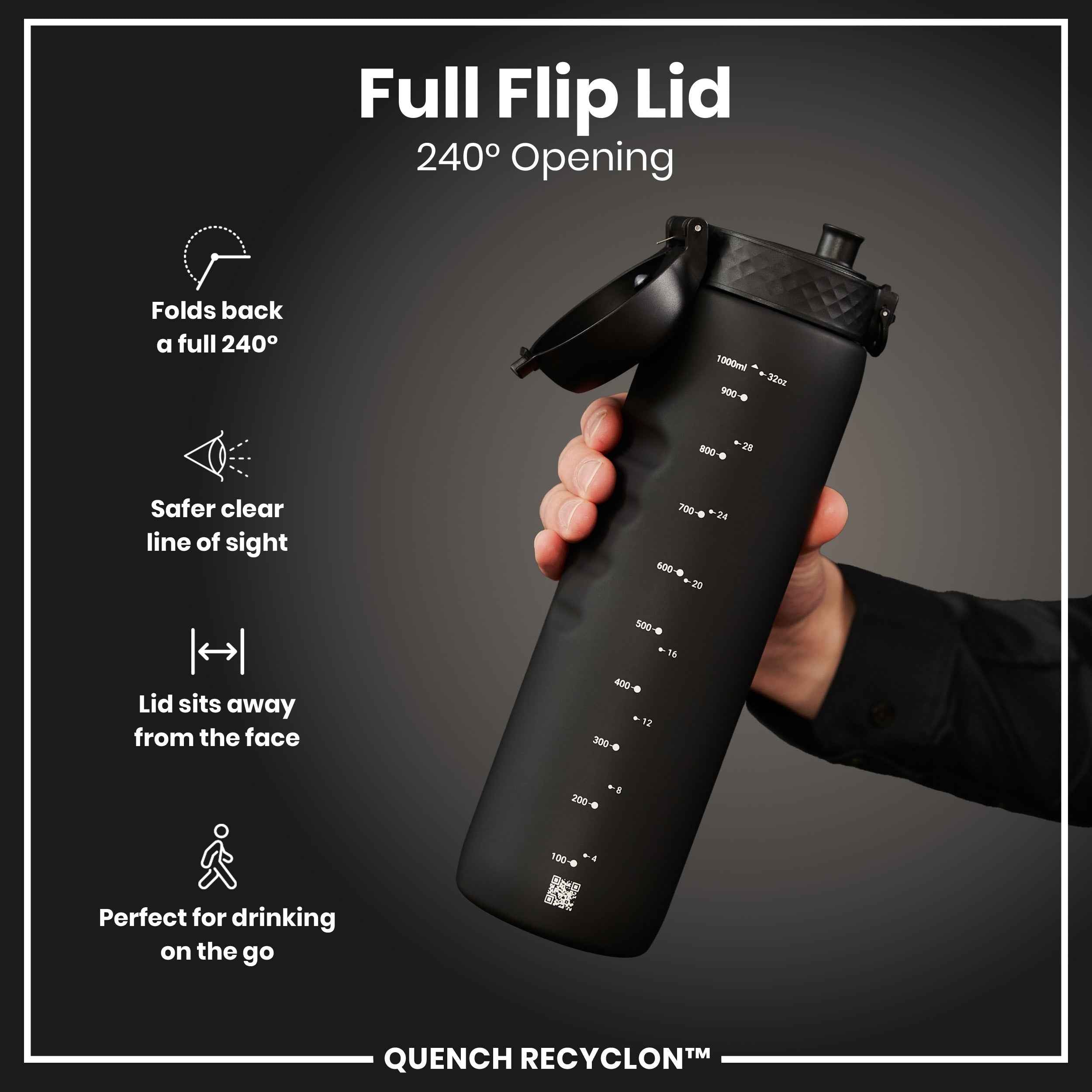 Leak Proof 1 litre Water Bottle, Recyclon, Black, 1L