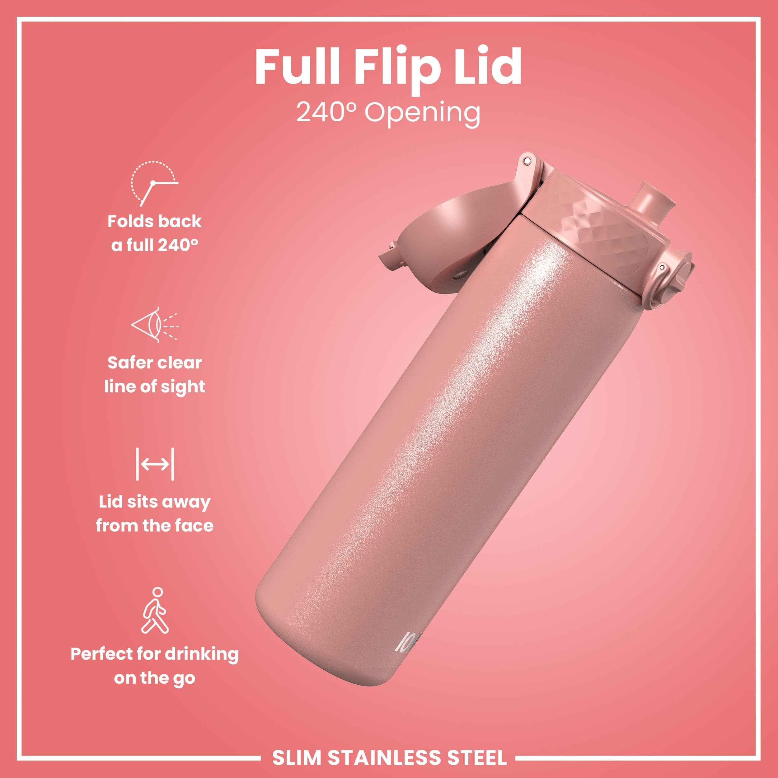 Leak Proof Slim Water Bottle, Stainless Steel, Ash Rose, 600ml (20oz)