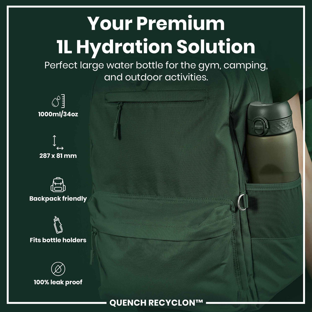 Leak Proof 1 litre Water Bottle, Recyclon, Dark Green, 1L