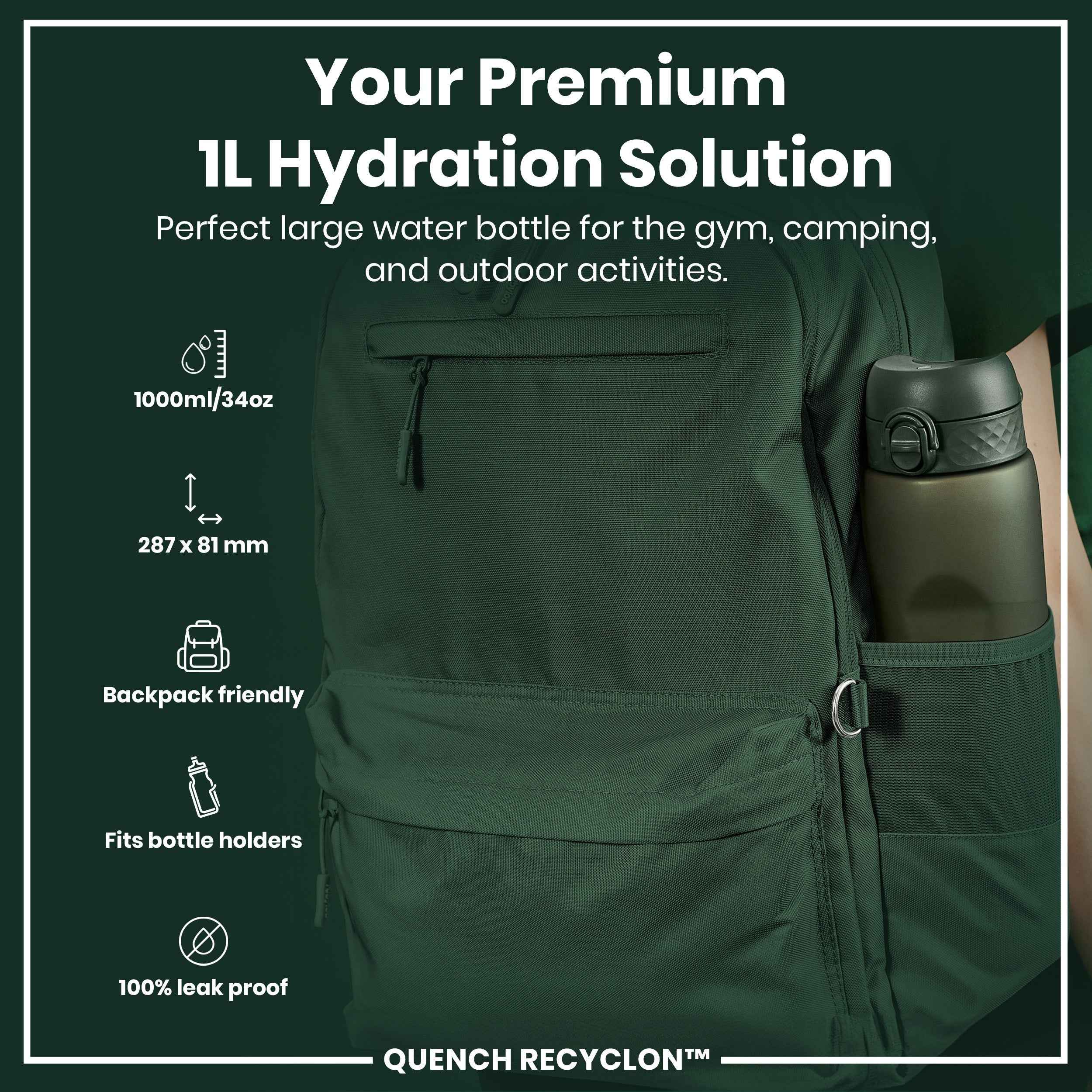 Leak Proof 1 litre Water Bottle, Recyclon, Dark Green, 1L