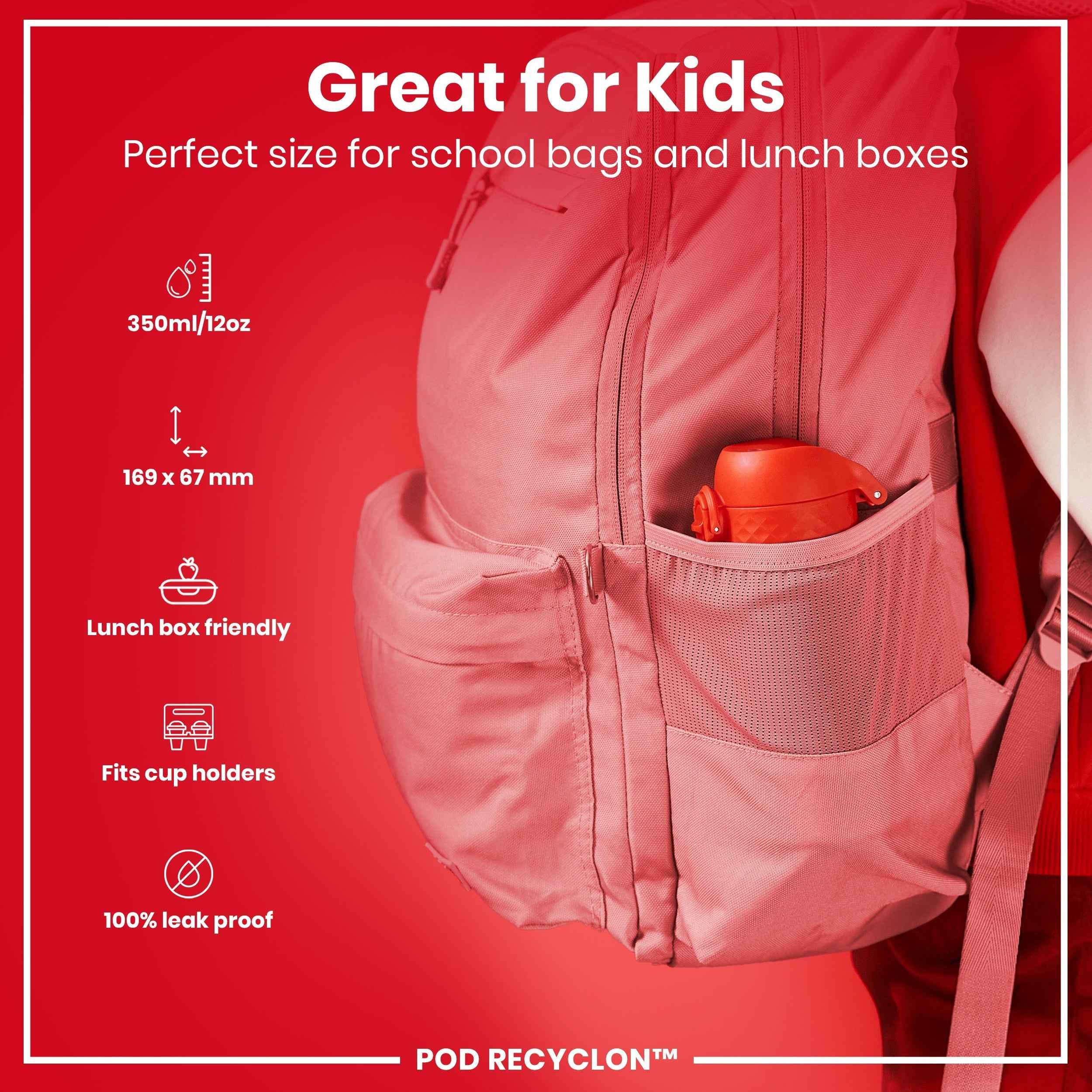 Leak Proof Kids Water Bottle, Recyclon, Red, 350ml (12oz)