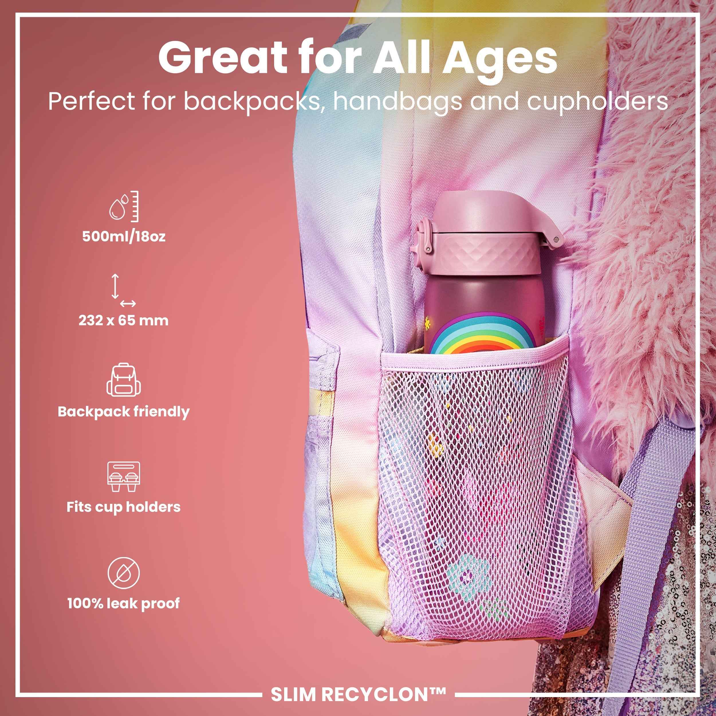 Leak Proof Slim Water Bottle, Recyclon, Unicorns, 500ml (18oz)