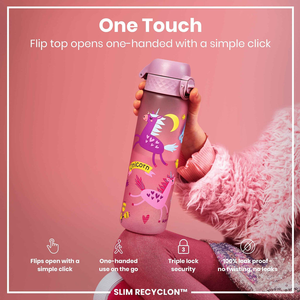 Leak Proof Slim Water Bottle, Recyclon, Unicorns, 500ml (18oz)