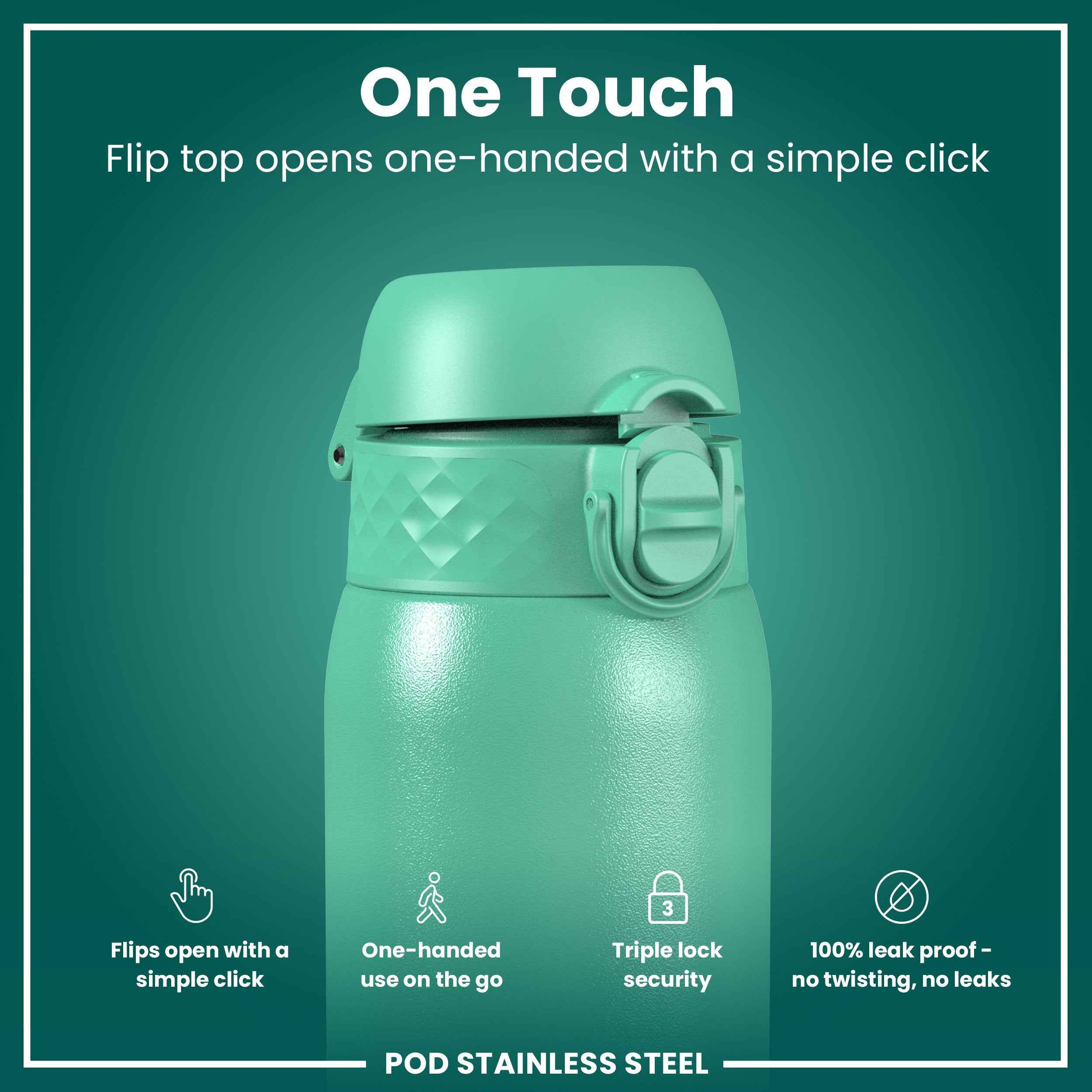Leak Proof Kids Water Bottle, Stainless Steel, Teal, 400ml (13oz)