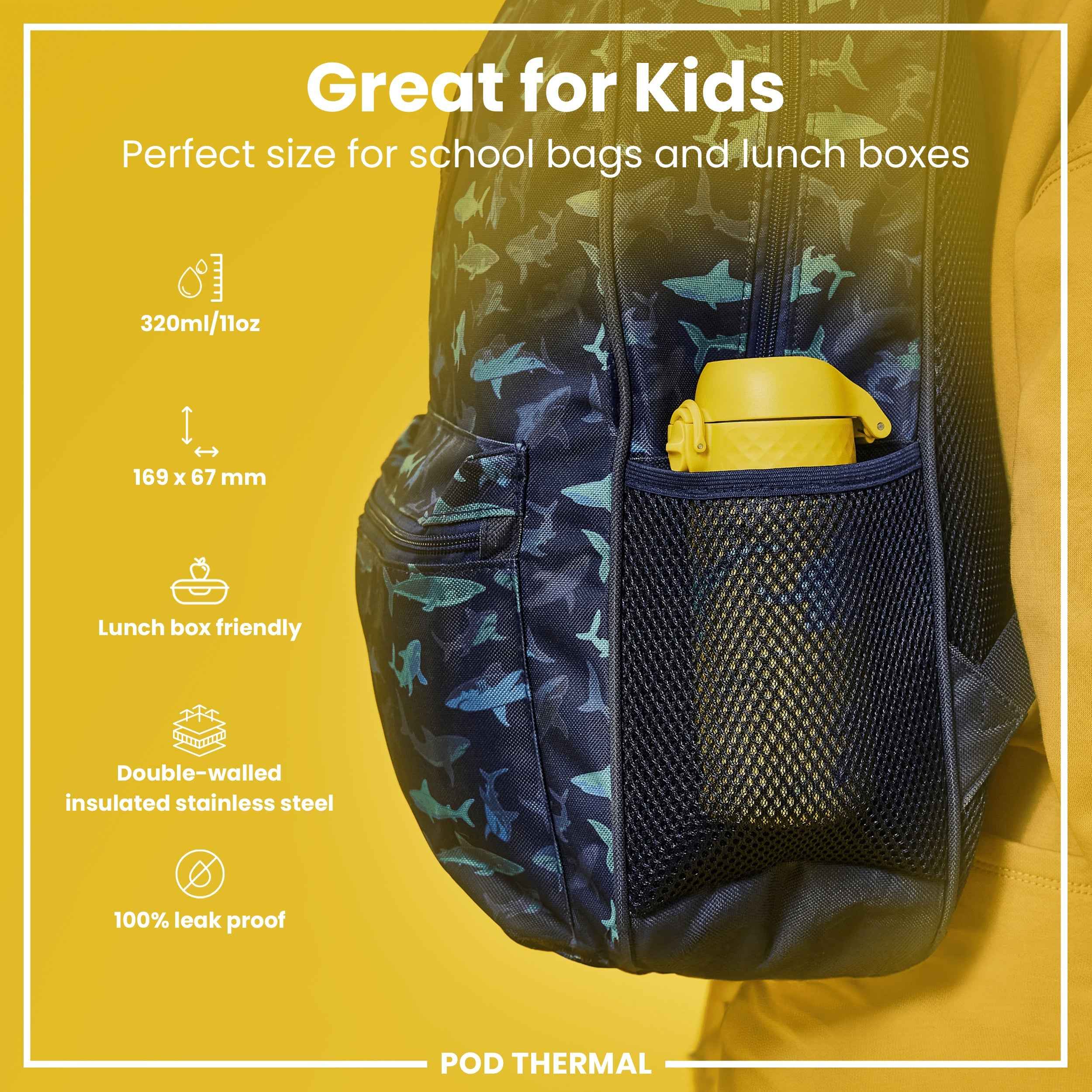 Leak Proof Thermal Steel Water Bottle, Insulated, Dinosaurs, 320ml (11oz)
