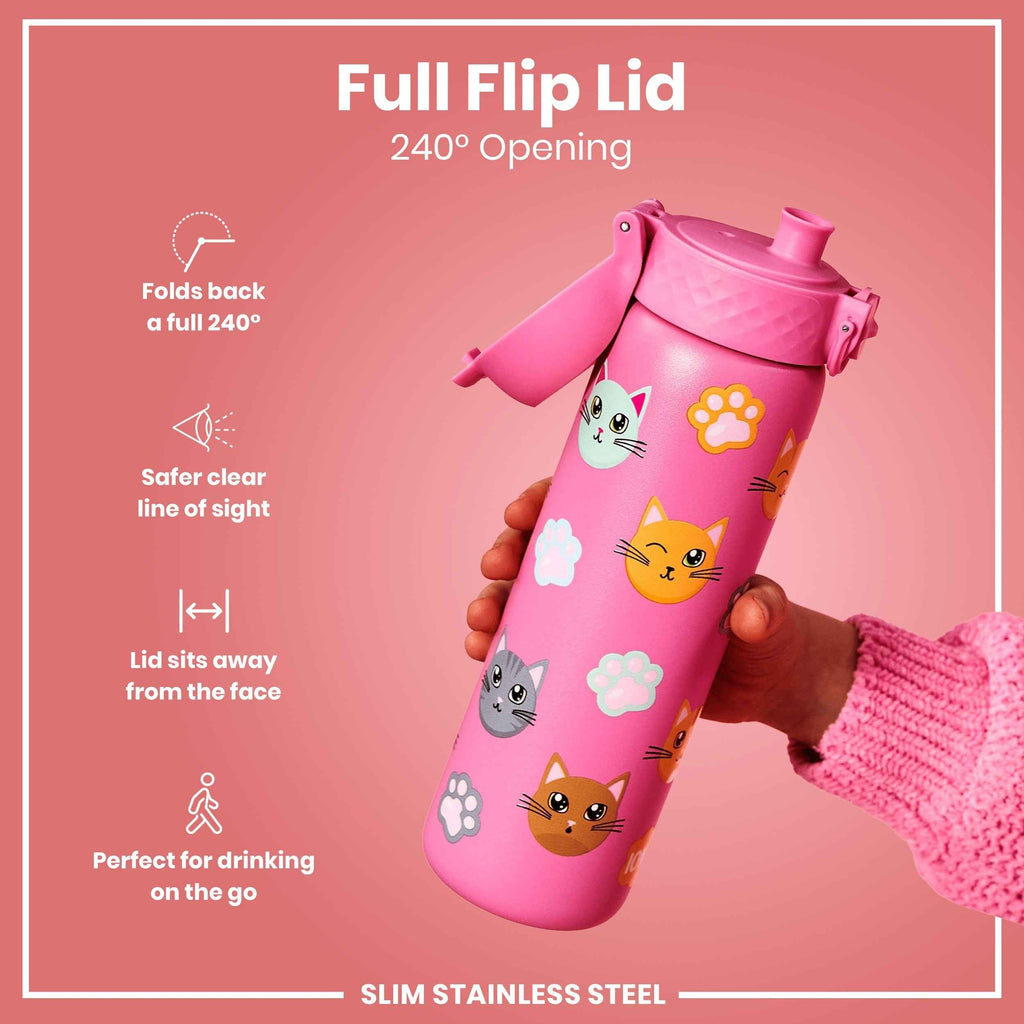 Leak Proof Slim Water Bottle, Stainless Steel, Cats, 600ml (20oz)