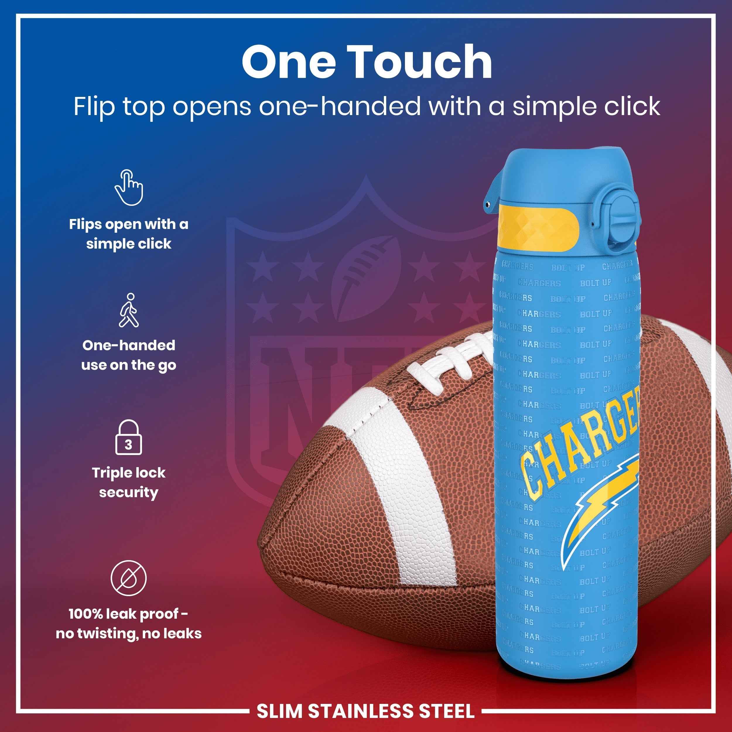 Leak Proof NFL Water Bottle, Stainless Steel, Los Angeles Chargers, 600ml (20oz)