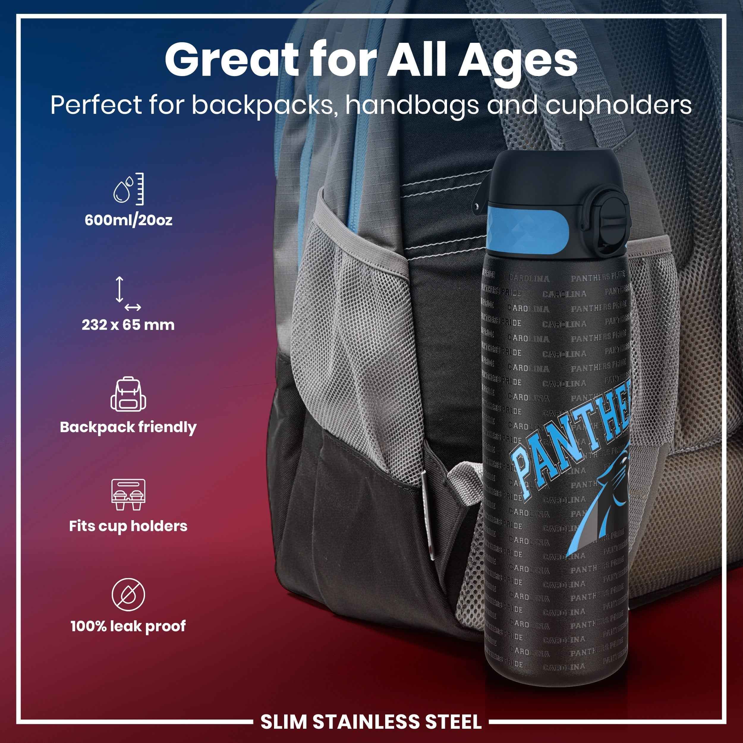 Leak Proof NFL Water Bottle, Stainless Steel, Carolina Panthers, 600ml (20oz)