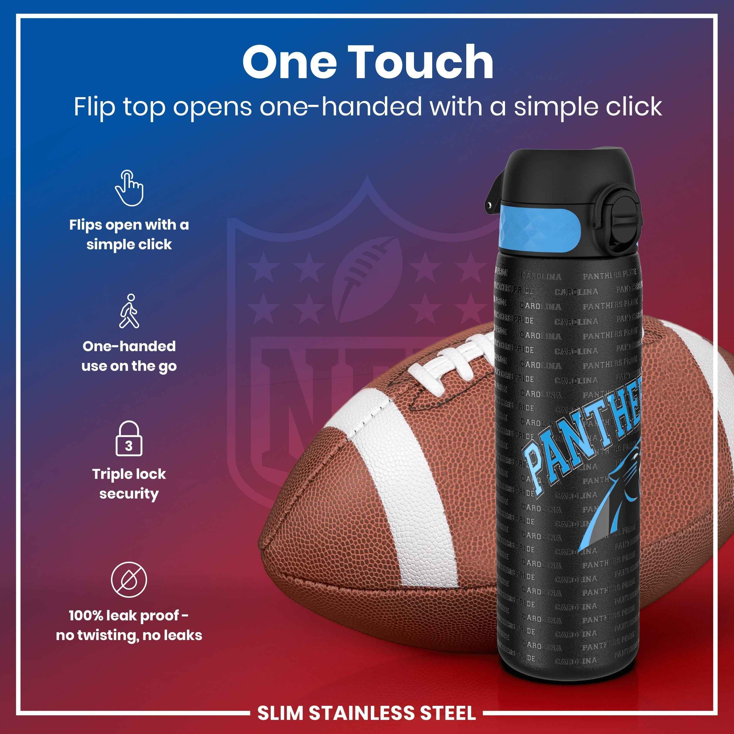 Leak Proof NFL Water Bottle, Stainless Steel, Carolina Panthers, 600ml (20oz)