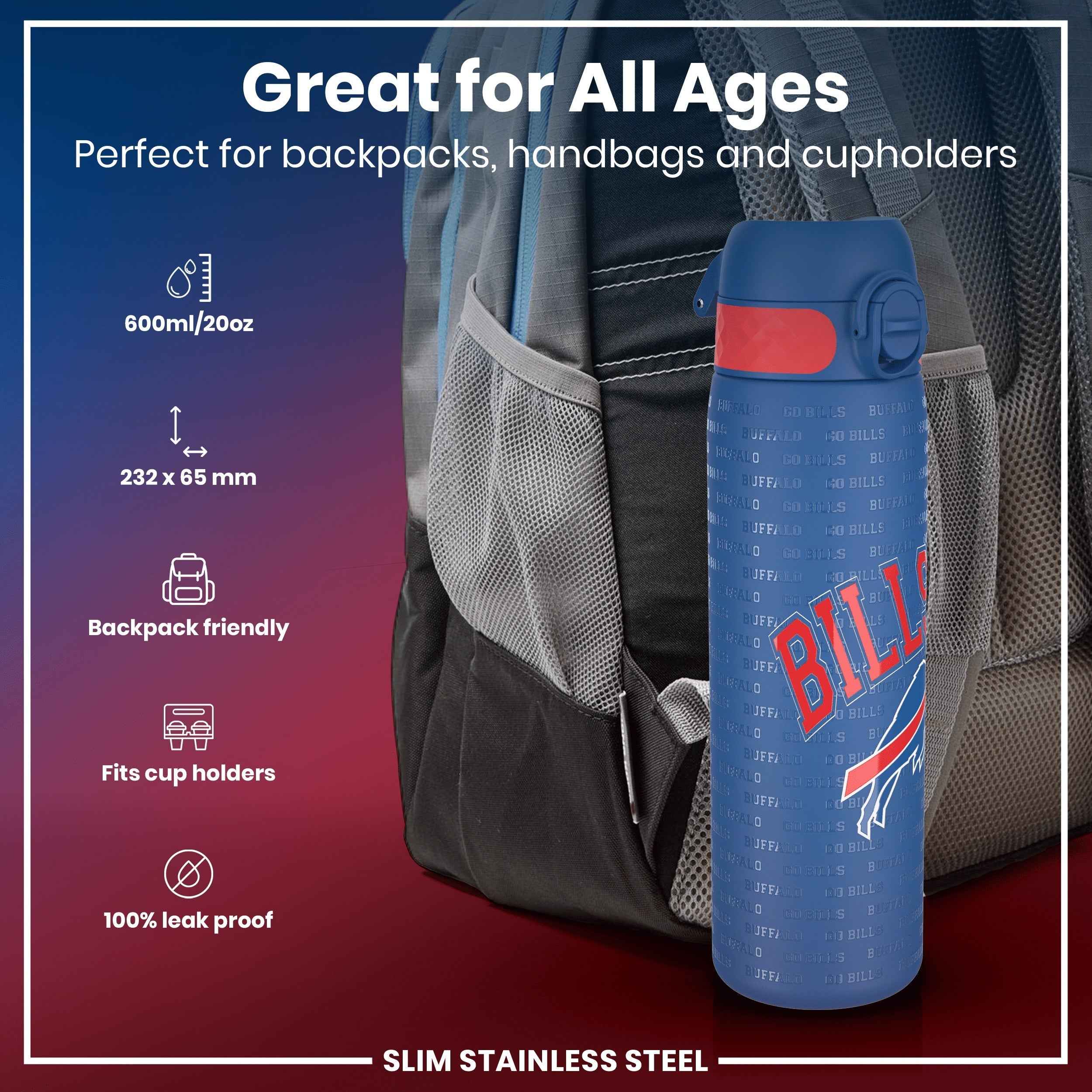 Leak Proof NFL Water Bottle, Stainless Steel, Buffalo Bills, 600ml (20oz)