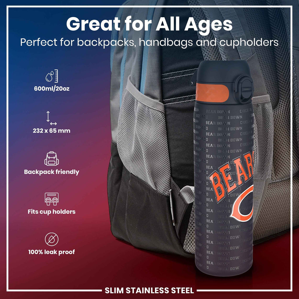 Leak Proof NFL Water Bottle, Stainless Steel, Chicago Bears, 600ml (20oz)