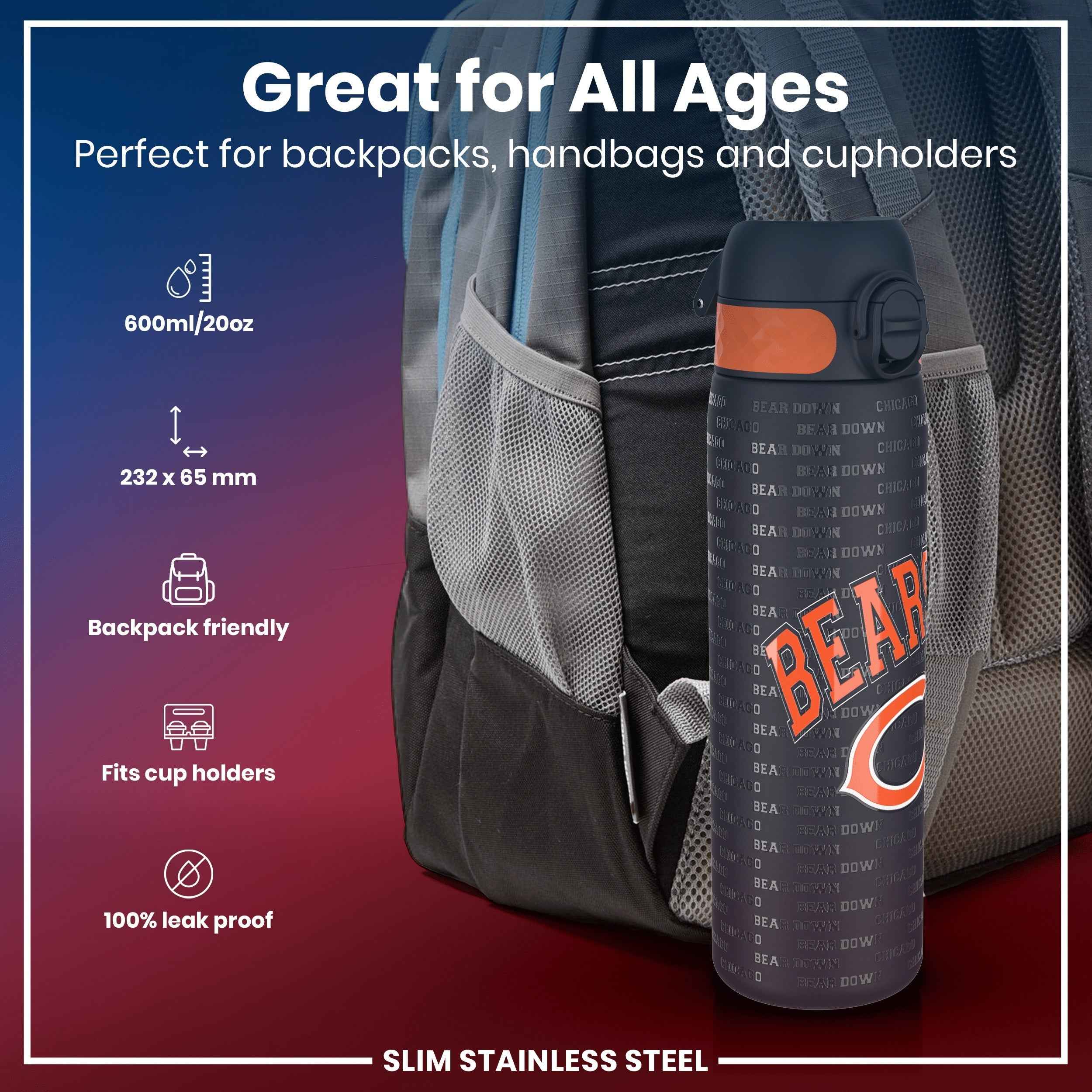 Leak Proof NFL Water Bottle, Stainless Steel, Chicago Bears, 600ml (20oz)