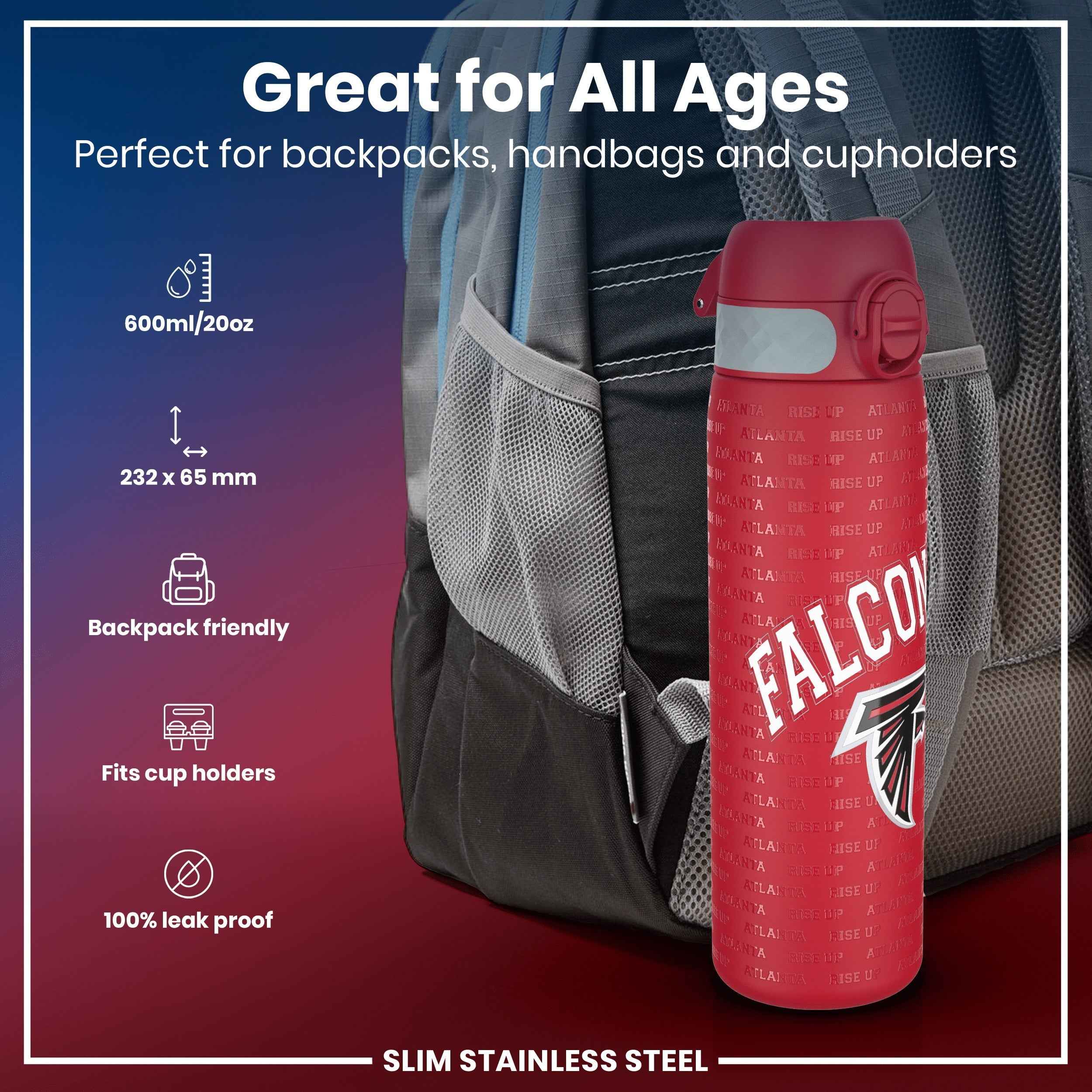 Leak Proof NFL Water Bottle, Stainless Steel, Atlanta Falcons, 600ml (20oz)