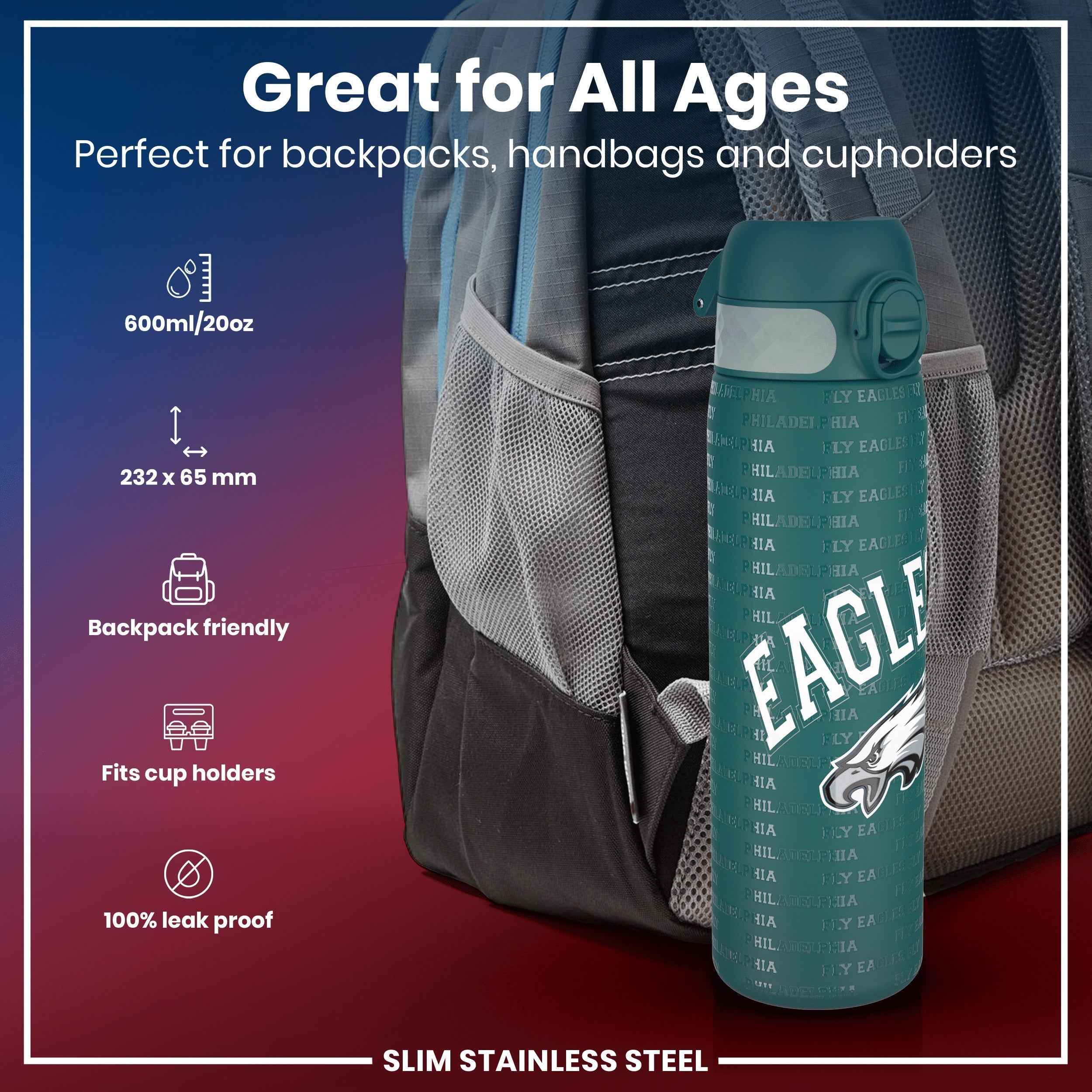 Leak Proof NFL Water Bottle, Stainless Steel, Philadelphia Eagles, 600ml (20oz)