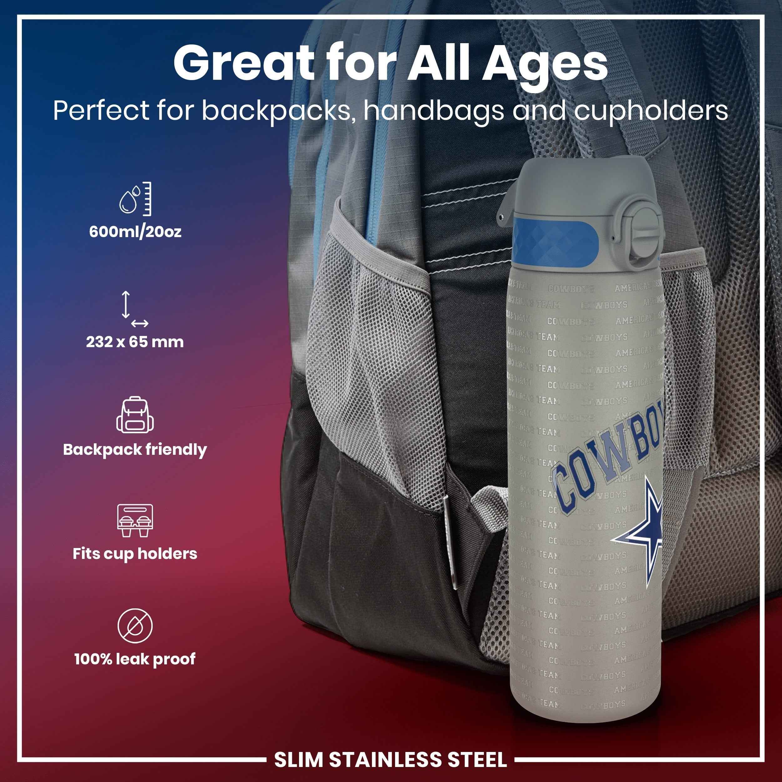 Leak Proof NFL Water Bottle, Stainless Steel, Dallas Cowboys, 600ml (20oz)