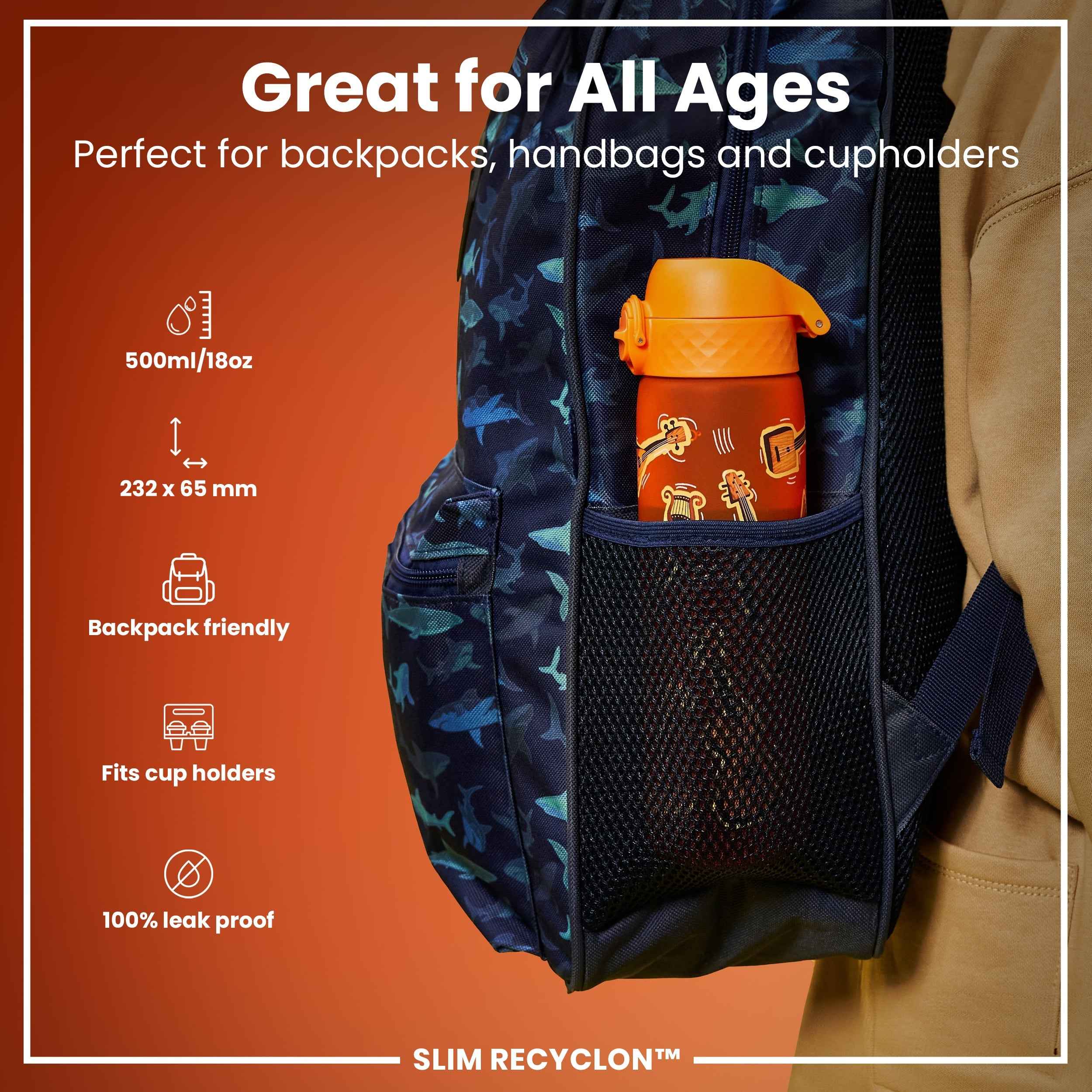 Leak Proof Slim Water Bottle, Recyclon, Music, 500ml (18oz)