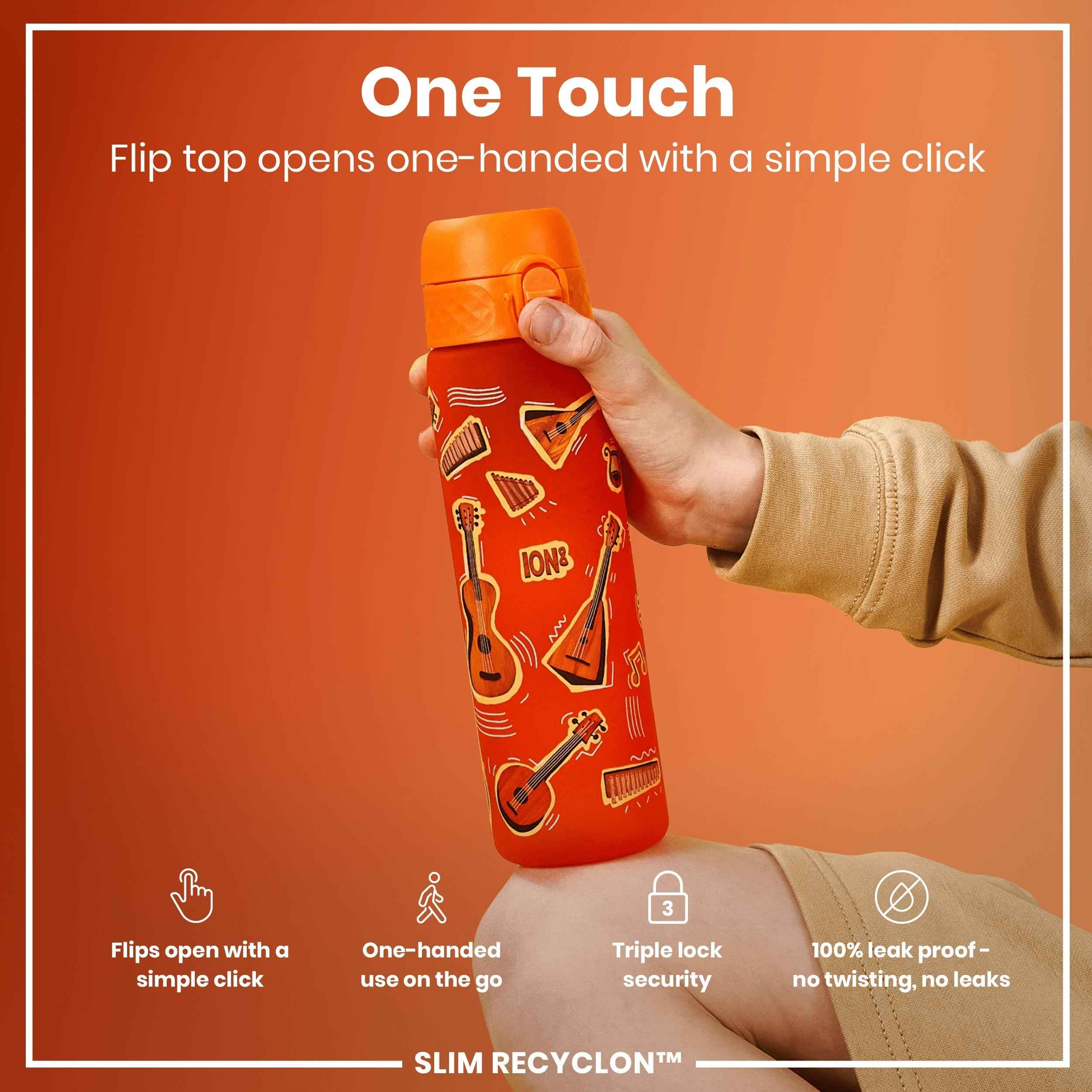 Leak Proof Slim Water Bottle, Recyclon, Music, 500ml (18oz)