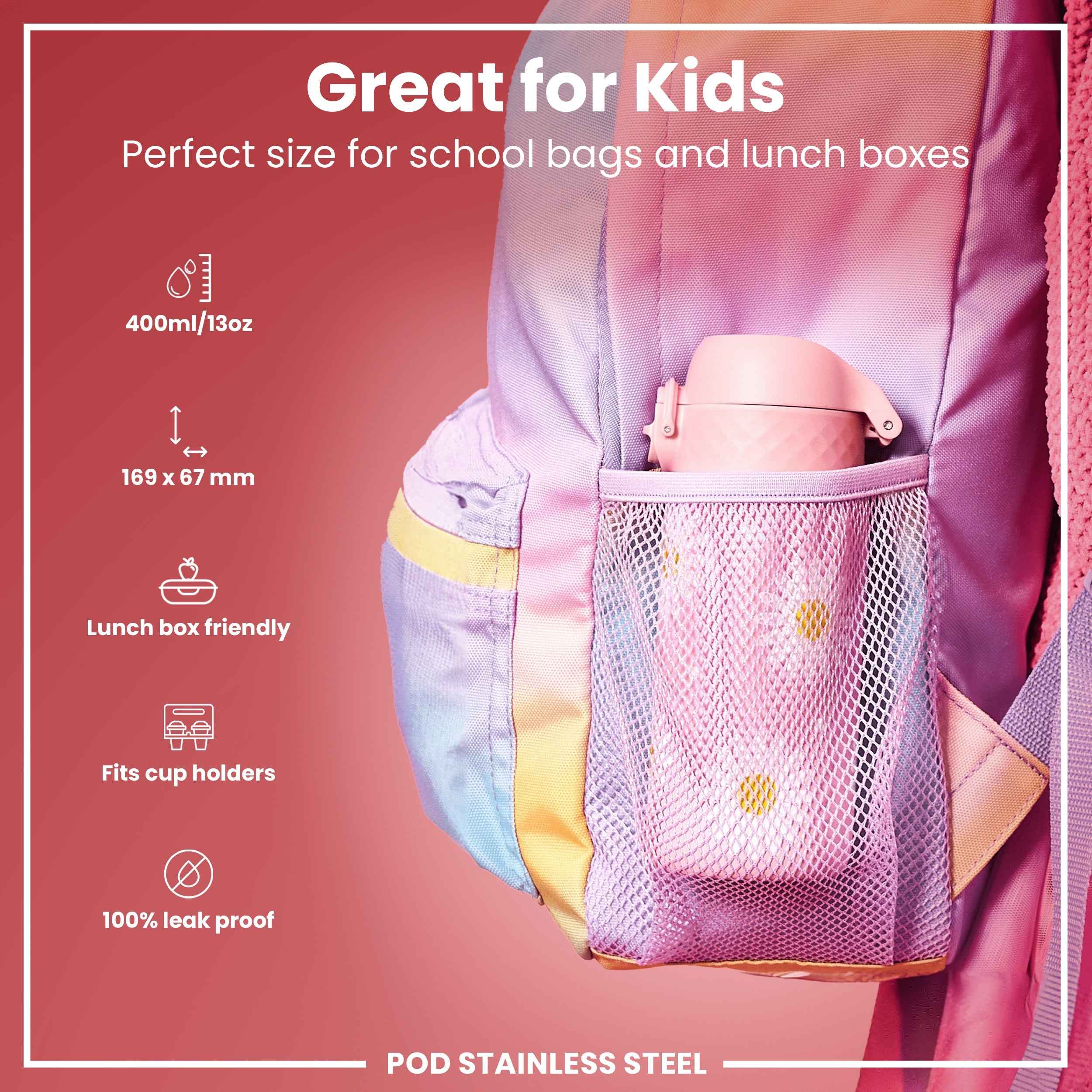 Leak Proof Kids Water Bottle, Stainless Steel, Daisies, 400ml (13oz)