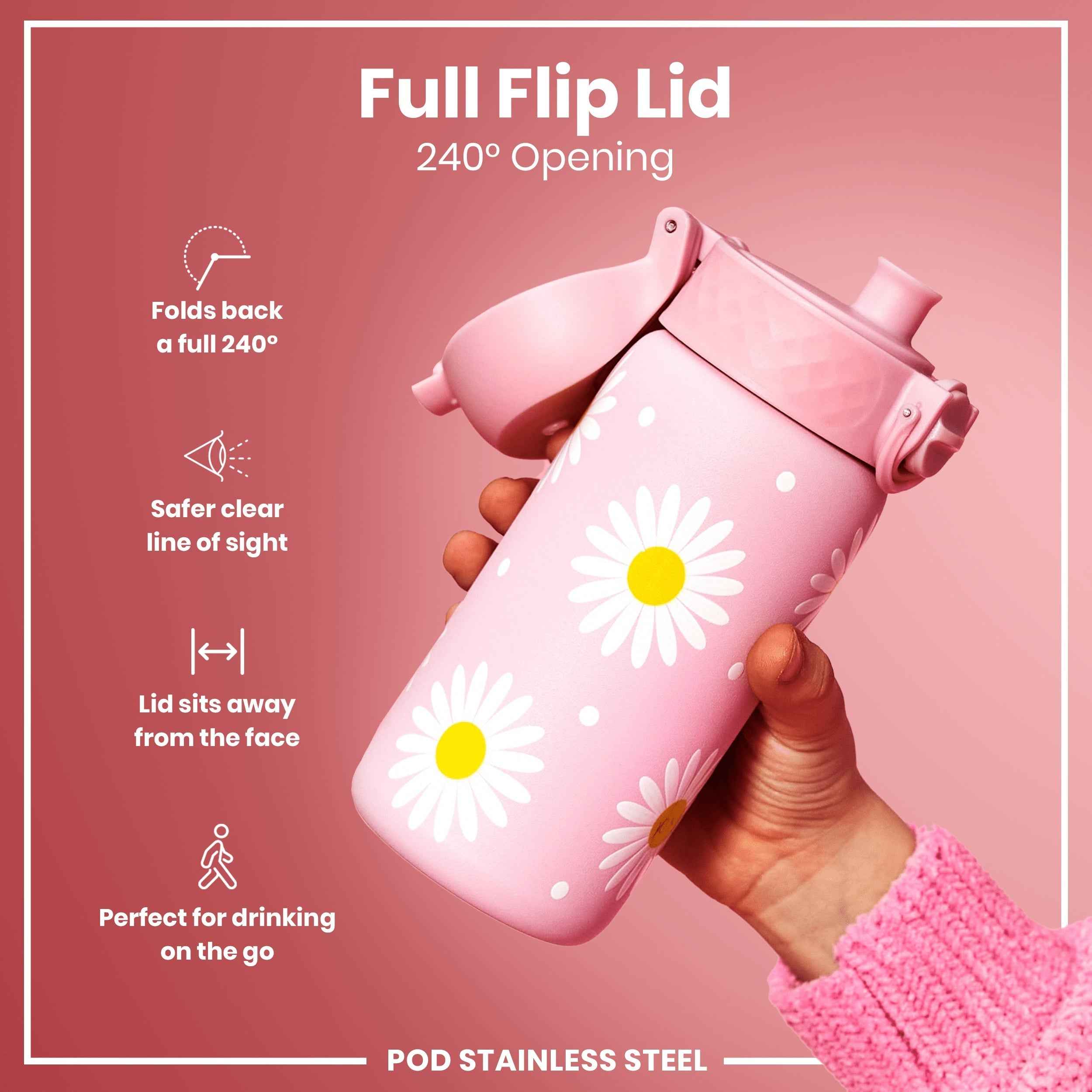 Leak Proof Kids Water Bottle, Stainless Steel, Daisies, 400ml (13oz)
