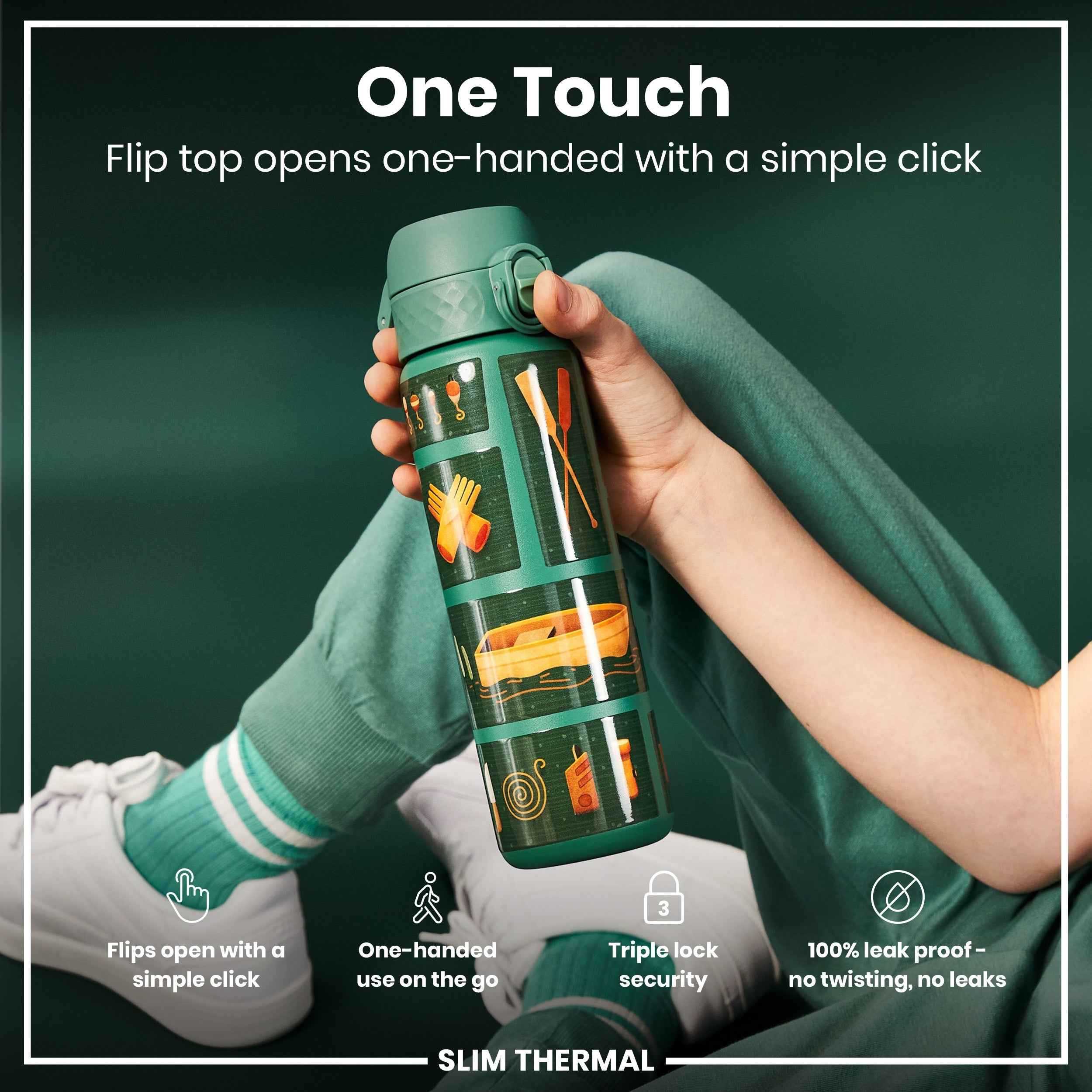 Leak Proof Slim Thermal Water Bottle, Insulated Steel, Fishing, 500ml (17oz)