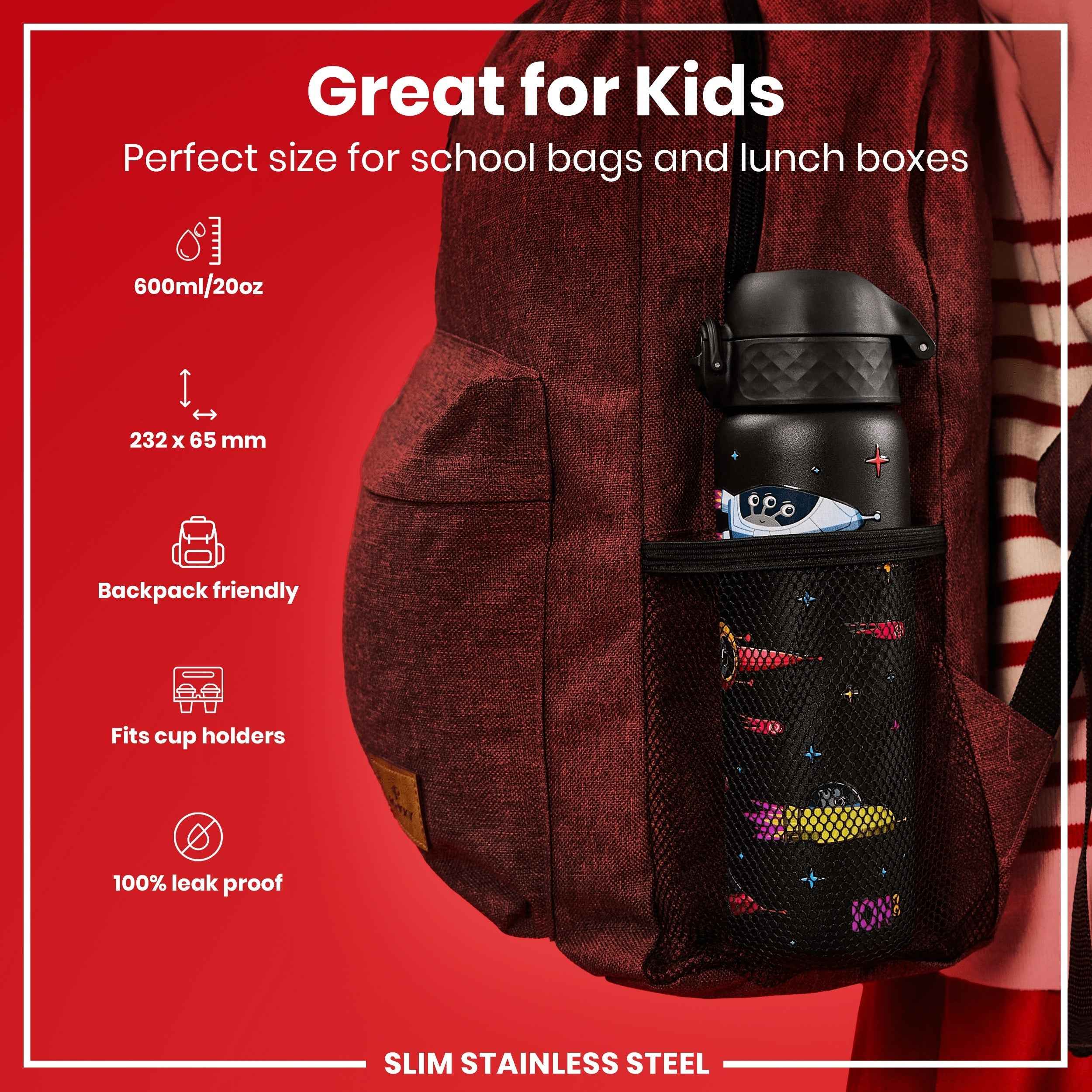 Leak Proof Slim Water Bottle, Stainless Steel, Spaceships, 600ml (20oz)