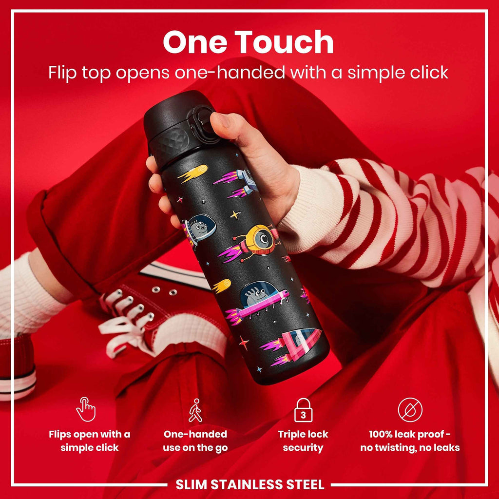 Leak Proof Slim Water Bottle, Stainless Steel, Spaceships, 600ml (20oz)