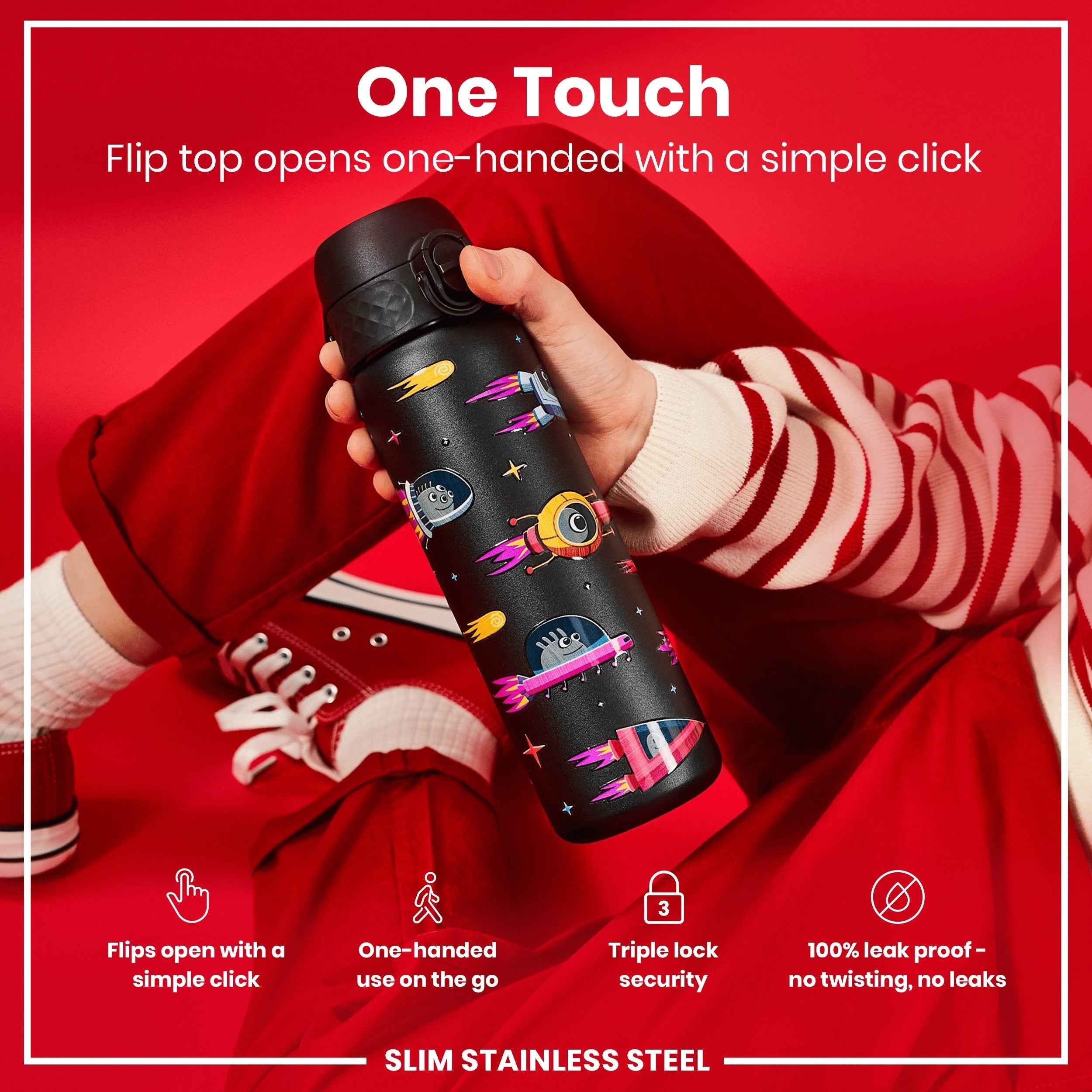 Leak Proof Slim Water Bottle, Stainless Steel, Spaceships, 600ml (20oz)