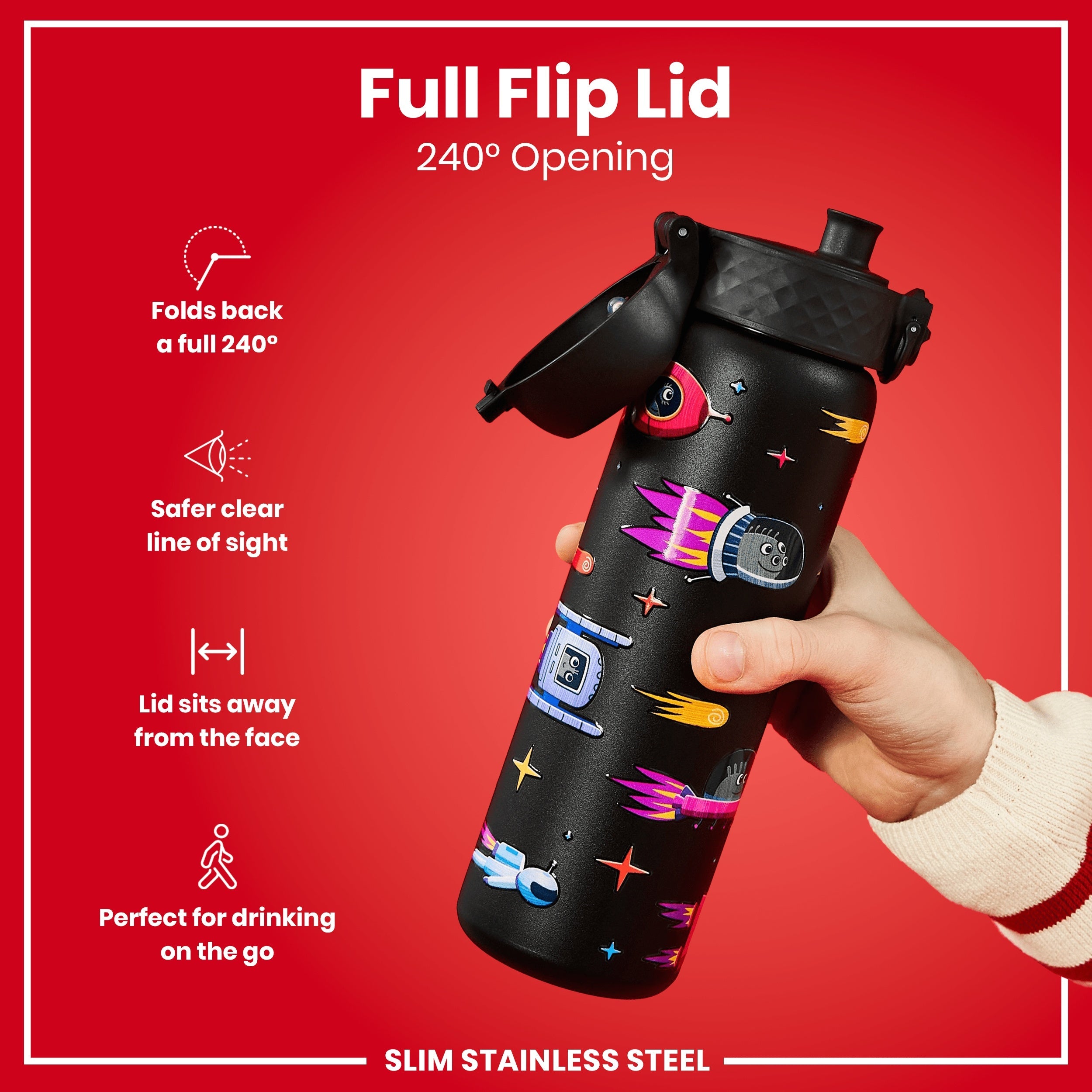 Leak Proof Slim Water Bottle, Stainless Steel, Spaceships, 600ml (20oz)