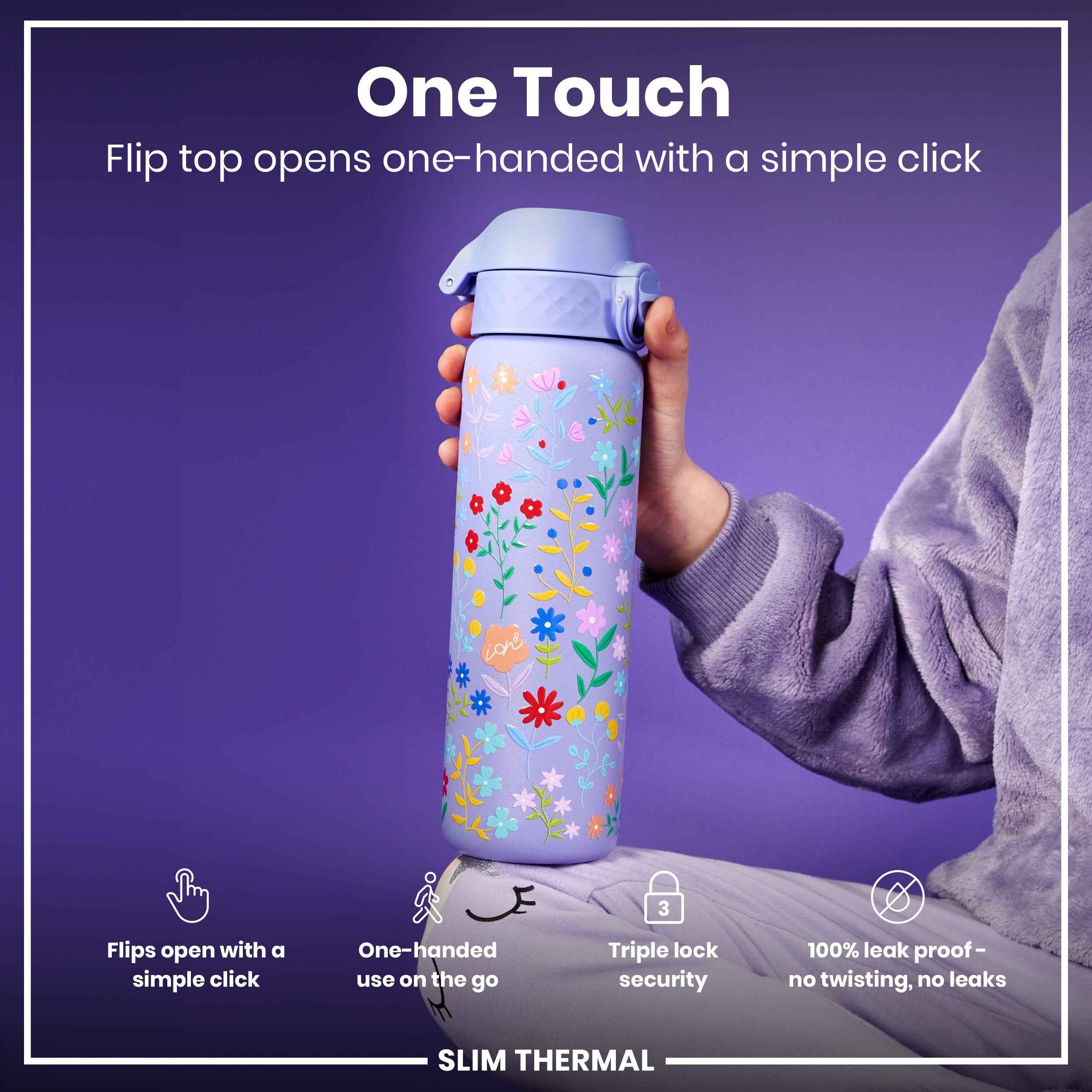 Leak Proof Slim Thermal Water Bottle, Insulated Steel, Ditsy Floral, 500ml (17oz)