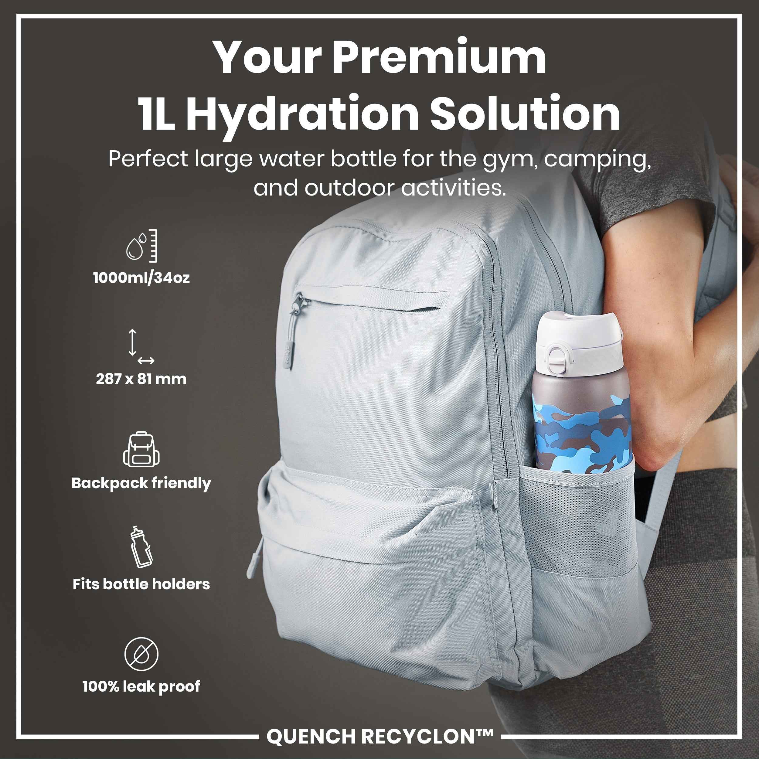 Leak Proof 1 Litre Water Bottle with Times to Drink, Recyclon, Camouflage, 1L