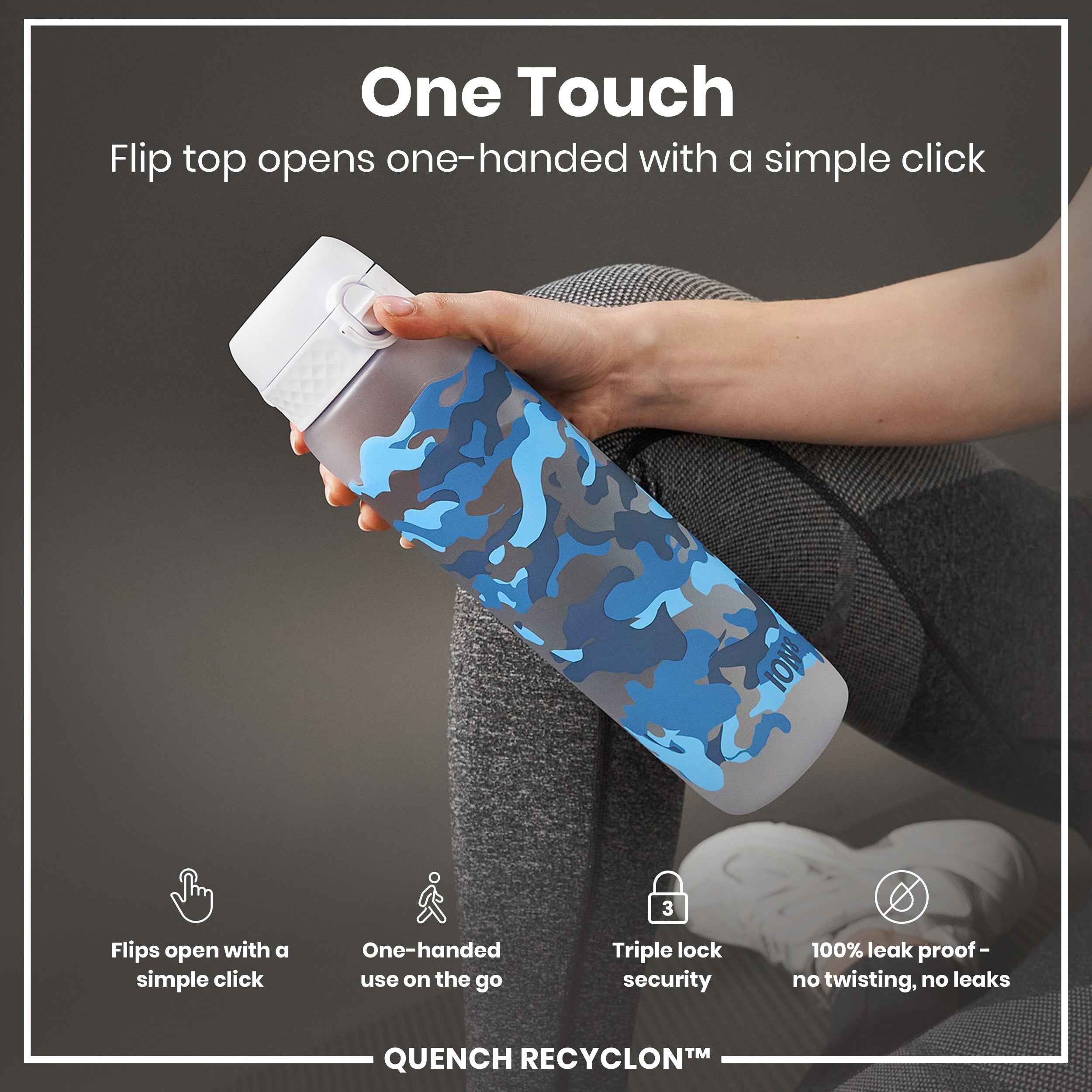 Leak Proof 1 Litre Water Bottle with Times to Drink, Recyclon, Camouflage, 1L